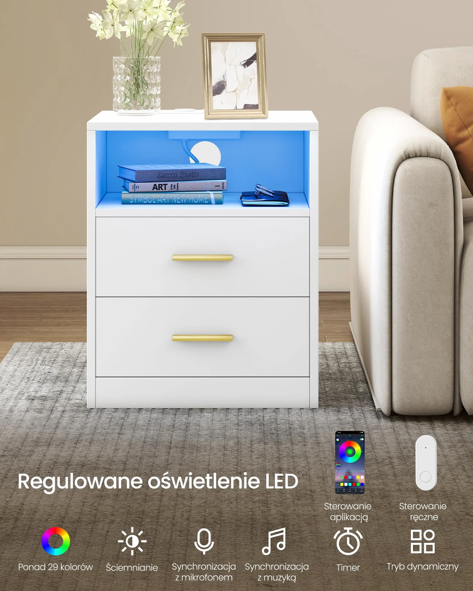 VASAGLE CUSTOS Stolik Nocny ze Stacją Ładującą LED 2xAC USB Szary Biały LET629WB01