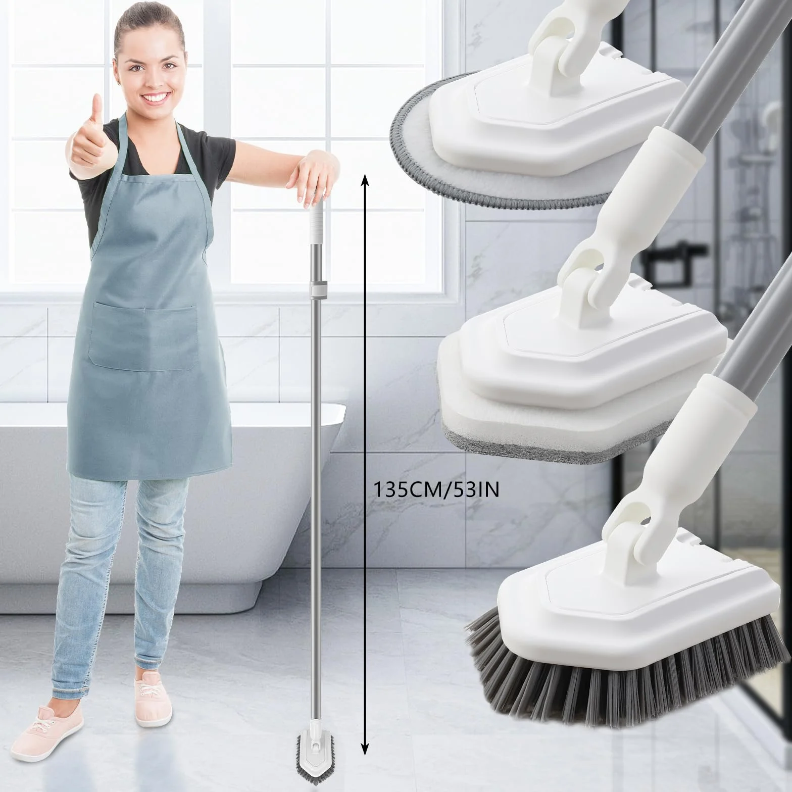 Mitclear 3 w 1 Szczotka do Czyszczenia Płytek Łazienkowych z Teleskopową Rączką(135cm), Szorowarka do Wanien z Długą Rączką i Sztywnym Włosiem, Gąbka do Szorowania i Ściereczka z Mikrofibry