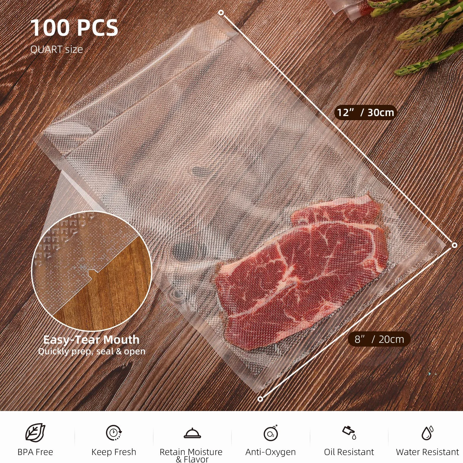 Worek Próżniowy Folia w Rolce 20x30cm 100 sztuk, bez BPA do Sous Vide i Zamrażarki