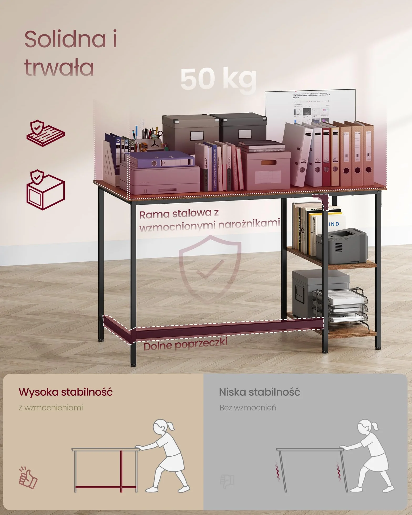VASAGLE Biurko, stolik komputerowy, stolik pod PC, biurko, 120 x 60 x 76 cm, z 2 półkami po prawej lub lewej stronie, 120 x 60 x 75 cm, do biura, salonu, stalowa rama, brązowo-czarny vintage LWD47X
