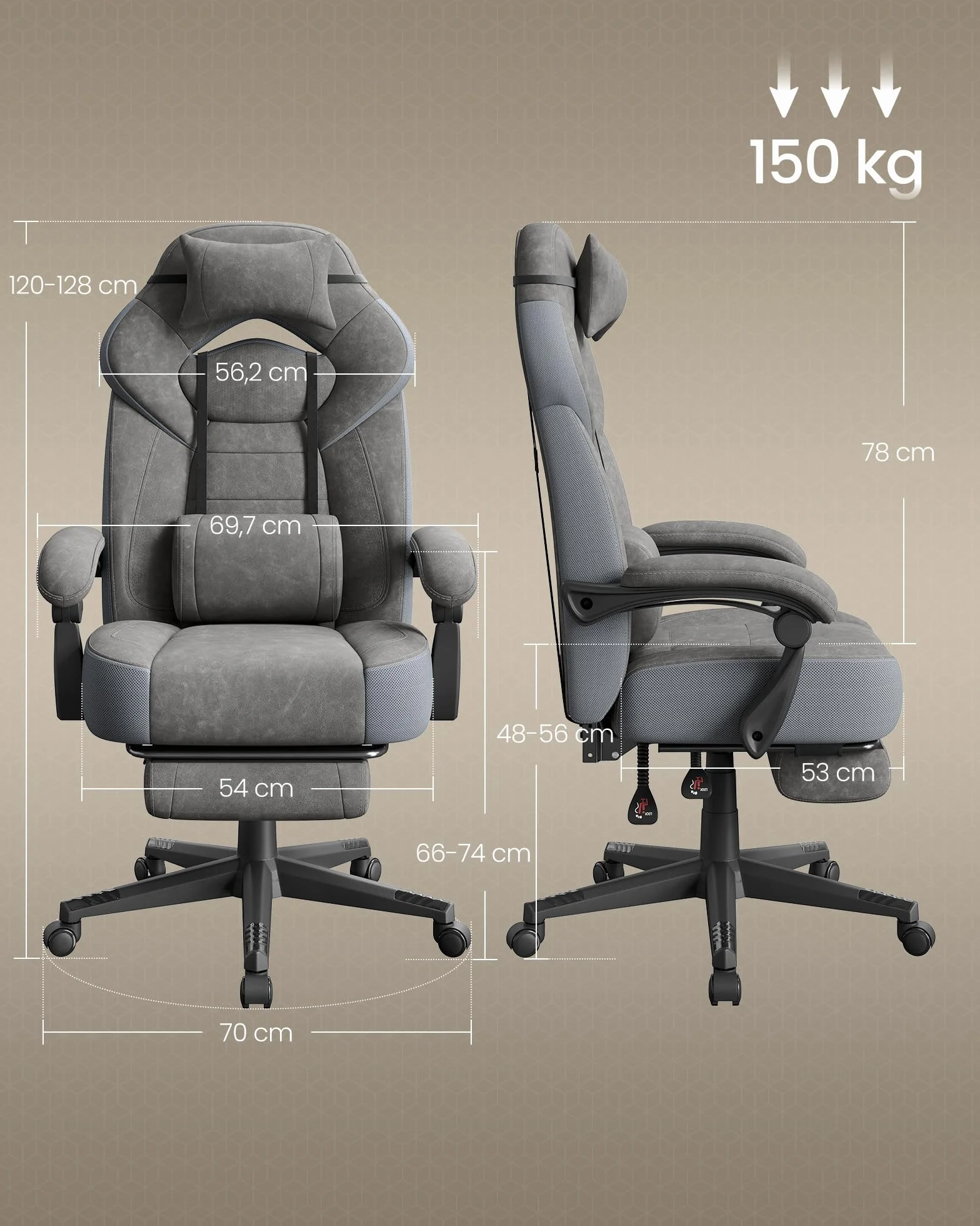 SONGMICS Fotel gamingowy OBG077G01, ergonomiczne wzornictwo, z podnóżkiem, regulowany zagłówek, podparcie lędźwi, nośność 150 kg, szary łupkowy