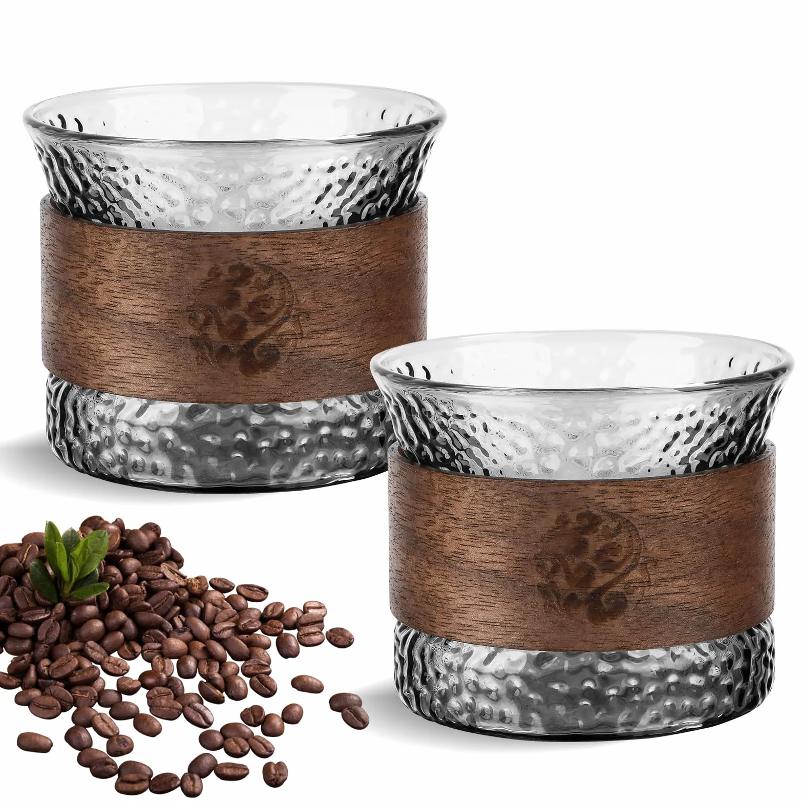 Zestaw 2 filiżanek do espresso, szklanych, 150 ml, z drewnianym pierścieniem odpornym na oparzenia, filiżanki do espresso i mokki do espresso, herbaty, mokki