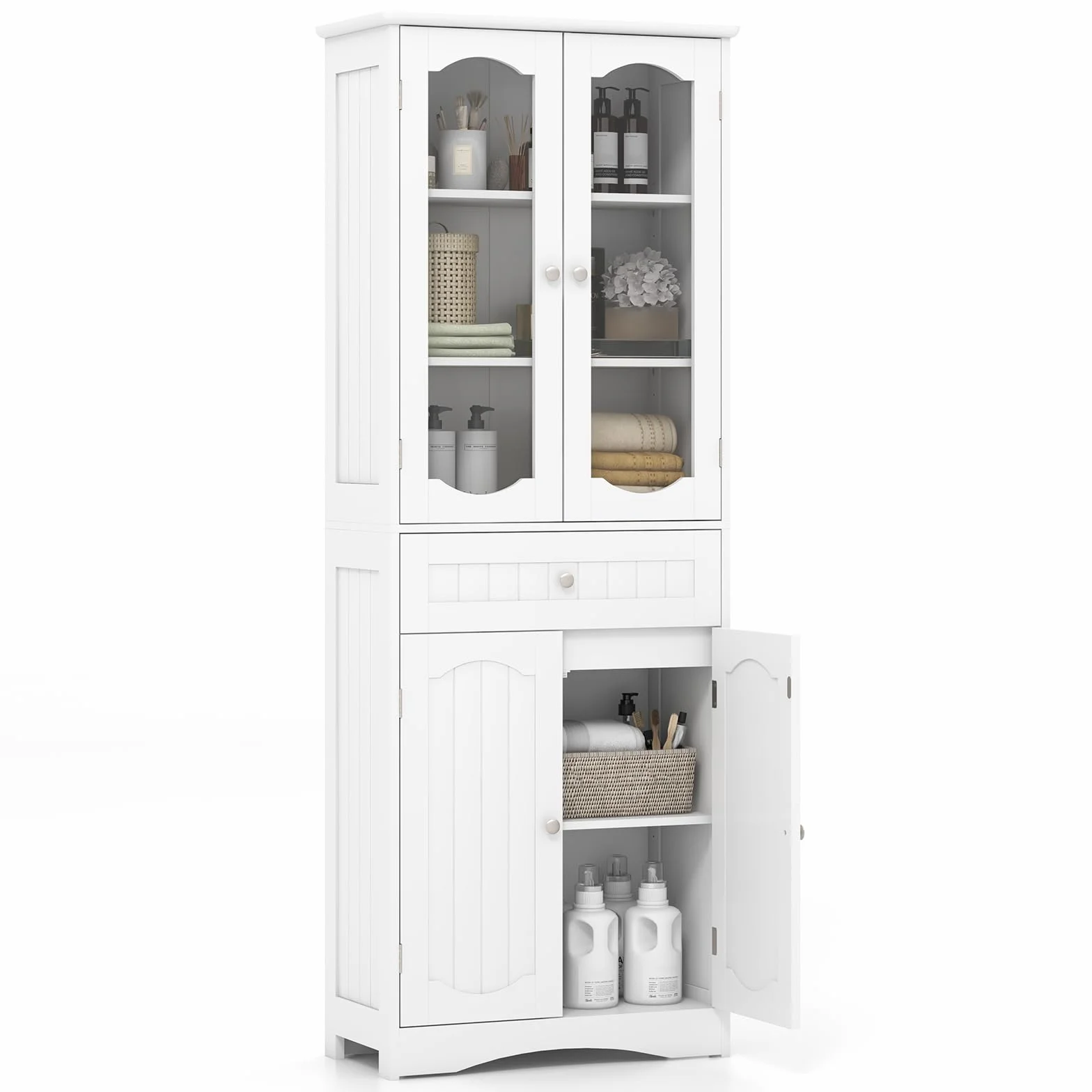 COSTWAY Szafka łazienkowa, wysoka szafka łazienkowa z 4 drzwiami, szufladą i regulowaną półką, szafka do przechowywania do salonu, łazienki, kuchni, 60 x 30 x 160 cm (biała)