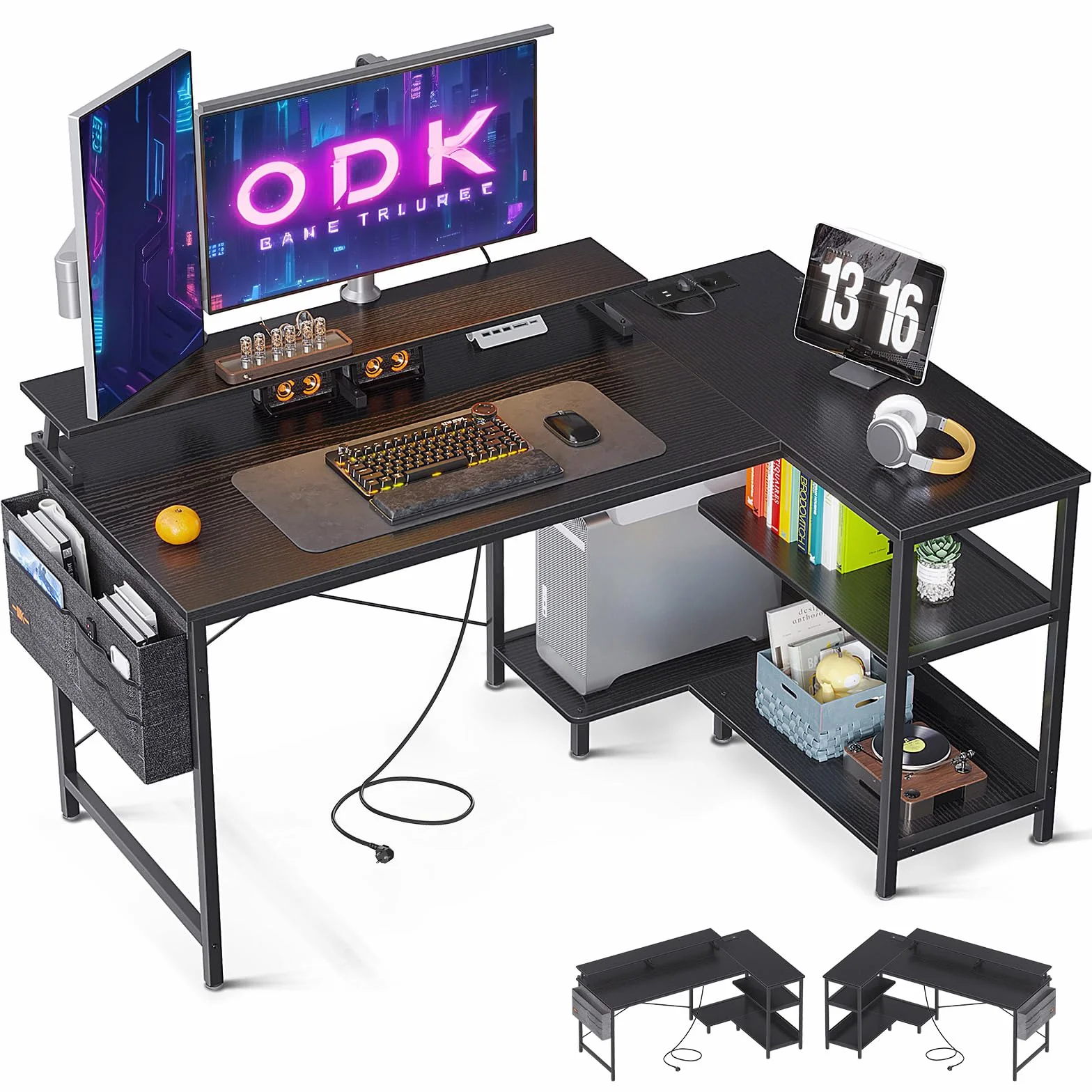 ODK Stolik gamingowy w kształcie litery L, 120 x 80 cm, biurko w kształcie litery L z regałem, dwustronne, z przyłączem ładowania USB i gniazdkiem, stolik narożny ze stojakiem na monitor do biura