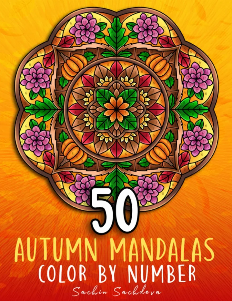 50 Autumn Mandalas: Color by Number Coloring Book for Adults features fall theme designs with leaves, animals, baskets, flower wreath for Stress Relief and Relaxation