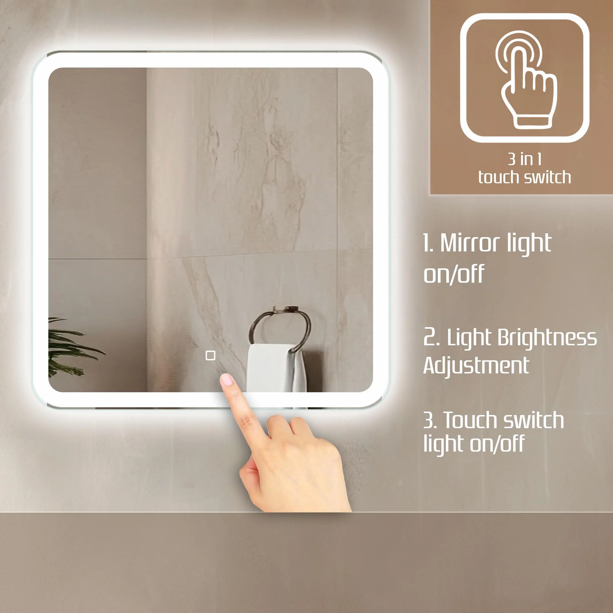 Venti Kwadratowe Lustro Łazienkowe LED 60x60cm, Lustro ścienne z oświetleniem LED, Naturalne Białe Światło, Zaokrąglone rogi, Podświetlane z przodu