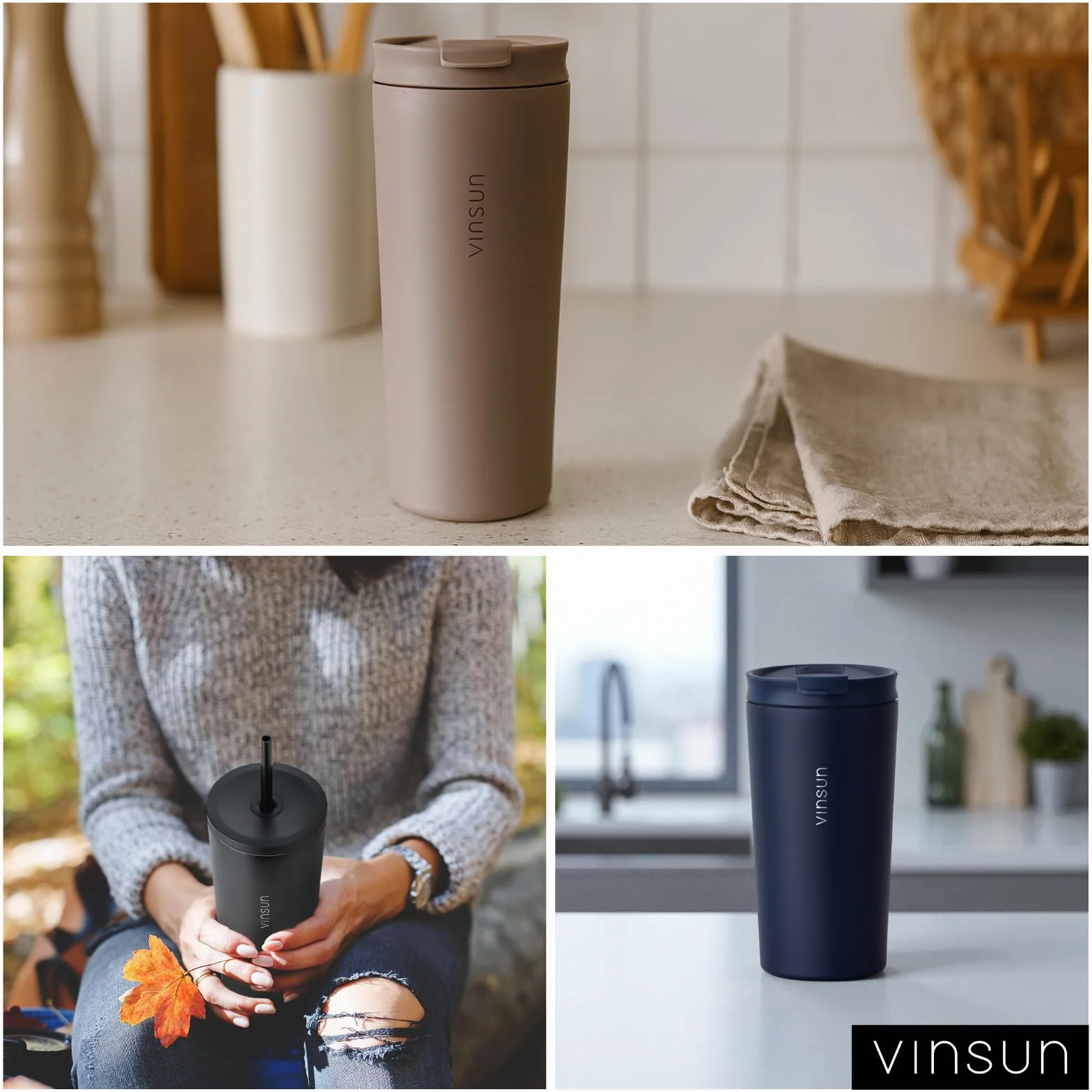 VINSUN Kubek termiczny ze słomką, 480 ml, ze stali nierdzewnej, szczelny, z podwójnymi ściankami, izolowany, na gorące i zimne napoje, kubek do kawy z dwiema pokrywkami