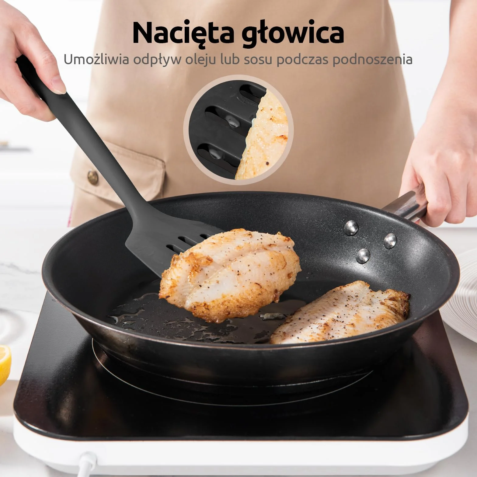 U-Taste Bardzo długa silikonowa szpatułka: odporna na ciepło 315 ℃, solidna i szczelinowa szpatułka kuchenna, łopatka do gotowania do smażenia naleśników rybnych (Czarny, 2 sztuki)