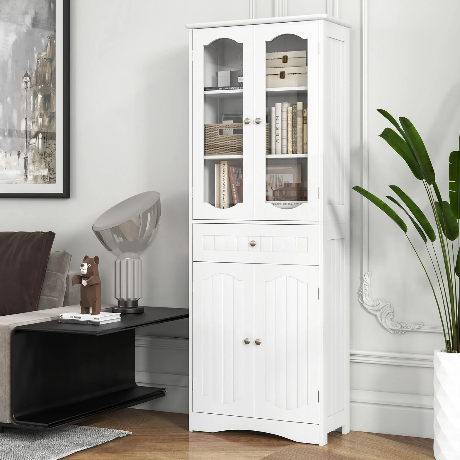 COSTWAY Szafka łazienkowa, wysoka szafka łazienkowa z 4 drzwiami, szufladą i regulowaną półką, szafka do przechowywania do salonu, łazienki, kuchni, 60 x 30 x 160 cm (biała)
