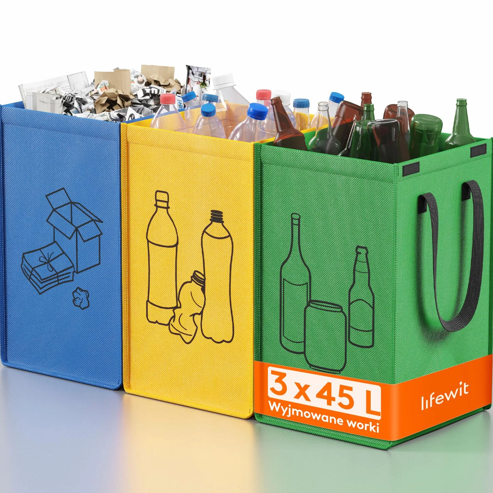 Lifewit System segregacji śmieci do kuchni, 3 przegródki na papier, szkło i plastik, pojemniki z recyklingu, pojemnik na odpady i butelki na kaucję, 3 x 45 l, łatwe opróżnianie