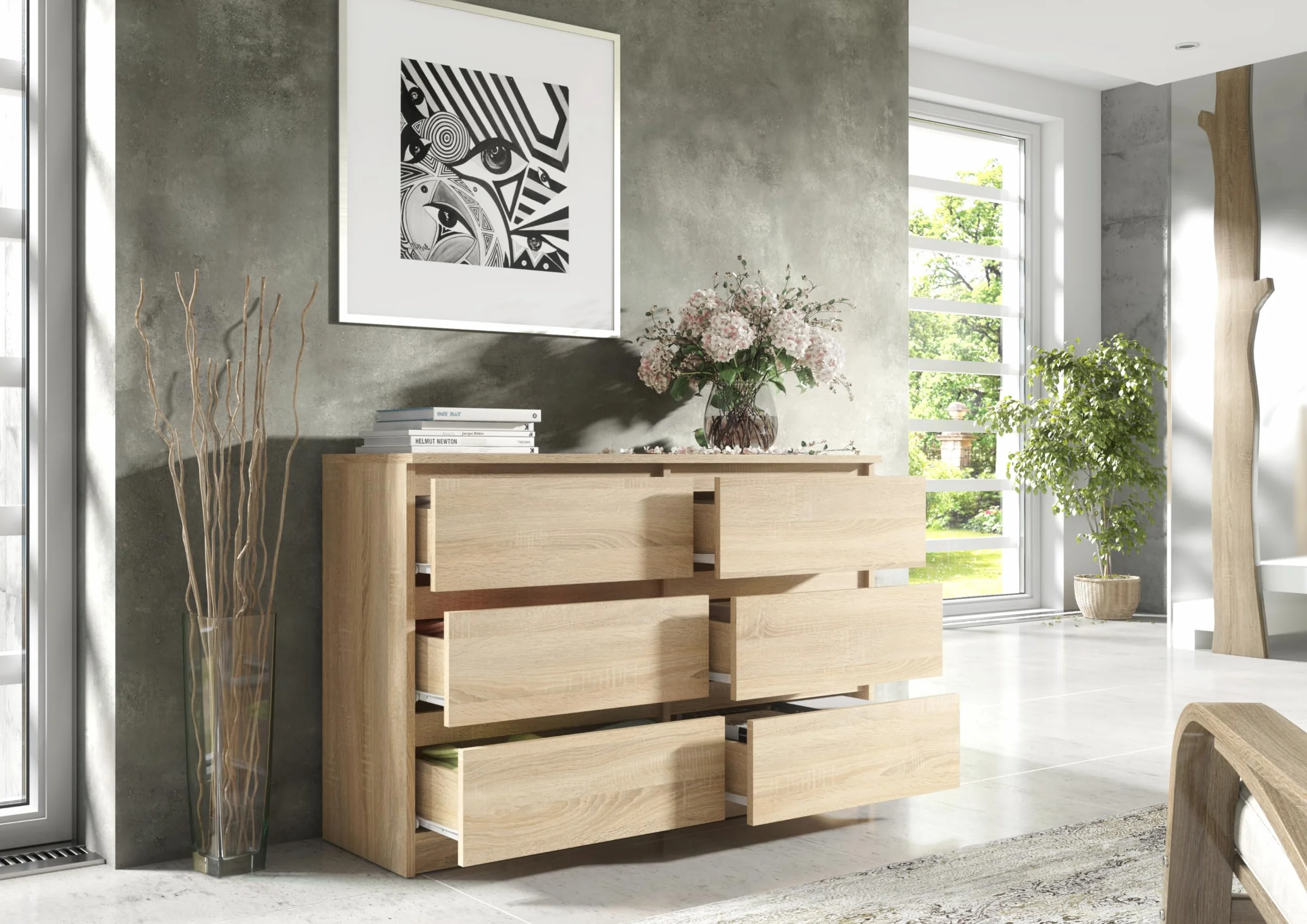 Meble Masztalerz Komoda Dąb Sonoma Mat 6 szuflad 138,6x78,5x39 cm do salonu sypialni