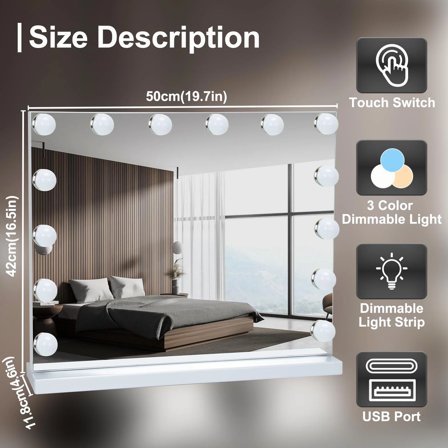 Lustro Hollywood LED 14 diod 3 tryby świecenia USB 10x powiększenie 50x40 cm