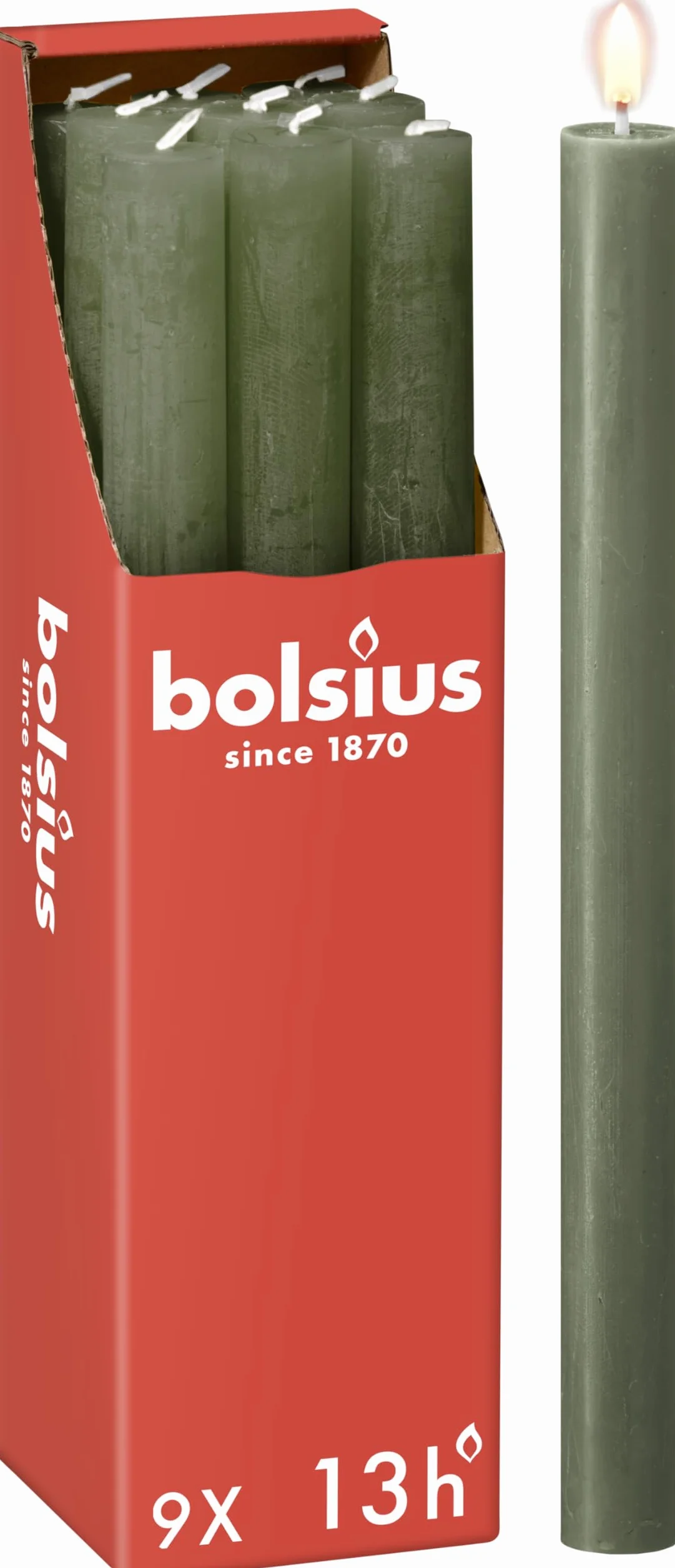 Bolsius Stożkowe świece kolumnowe - ciemnozielone - opakowanie 9 sztuk, długi czas palenia 13 godzin, świeca domowa, dekoracja wnętrz, bezzapachowa, zawiera naturalny wegański wosk, 27 x 2,3 cm