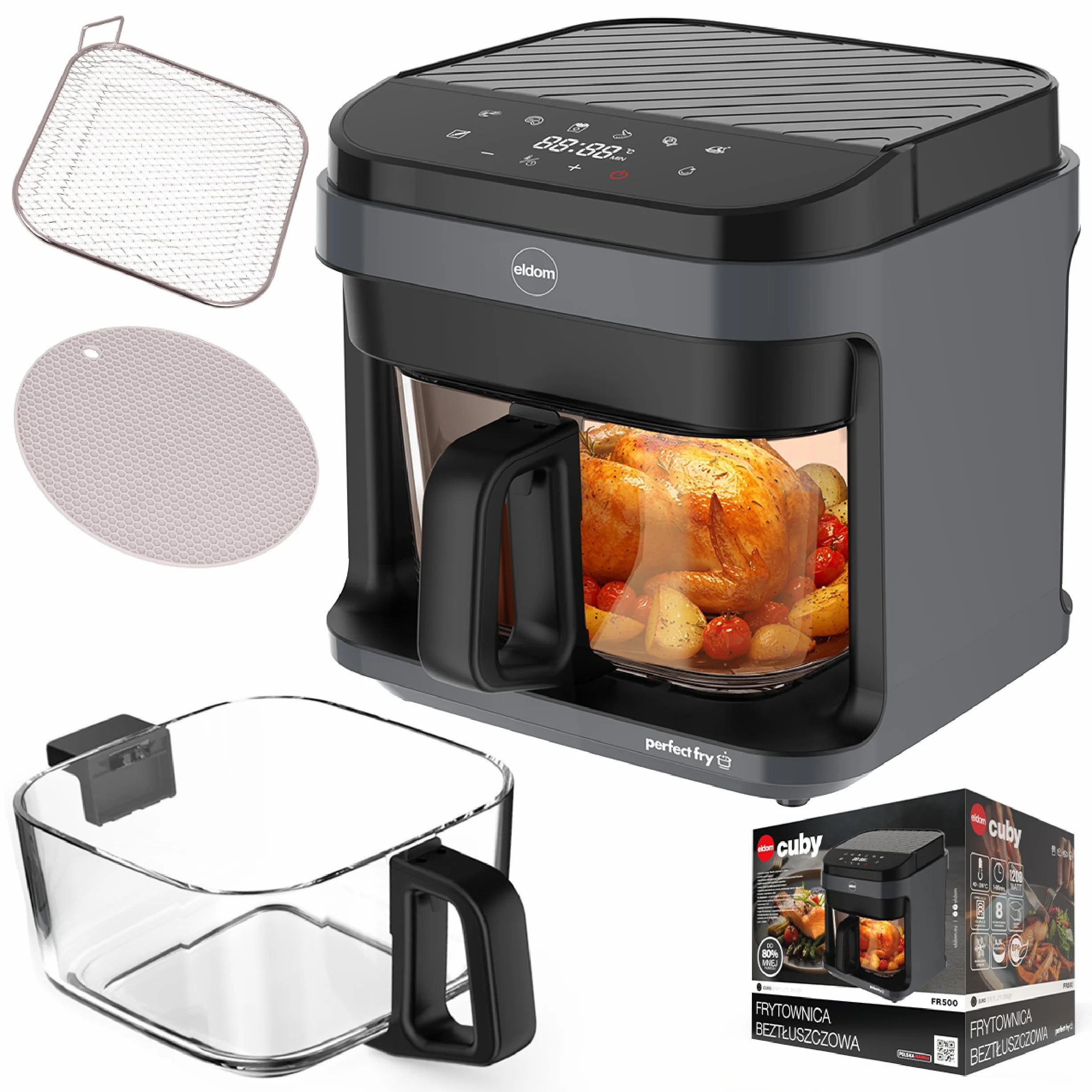 Frytownica Beztłuszczowa 5,5L Air Fryer 1200W, Szklany Kosz, 8 Programów, LED, Regulacja Temperatury 40–200°C, Rozmrażanie, FR500 Eldom