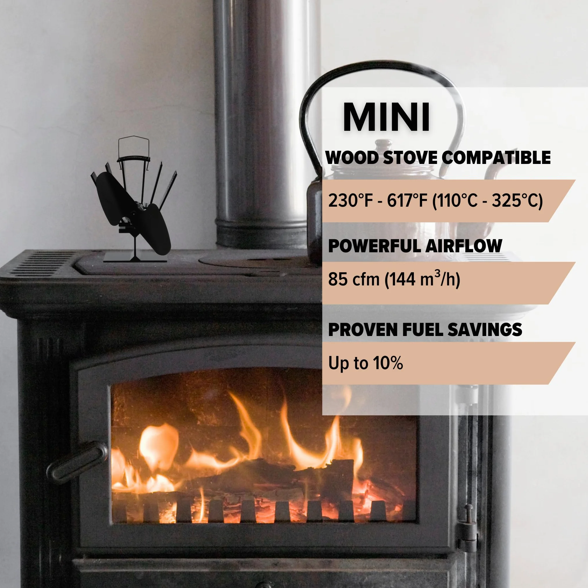 Ecofan Oryginalny mini, 815CAXBX, klasyczny styl, zasilany termicznie wentylator na drewno, 85 CFM, czarne ostrze 16,5 cm
