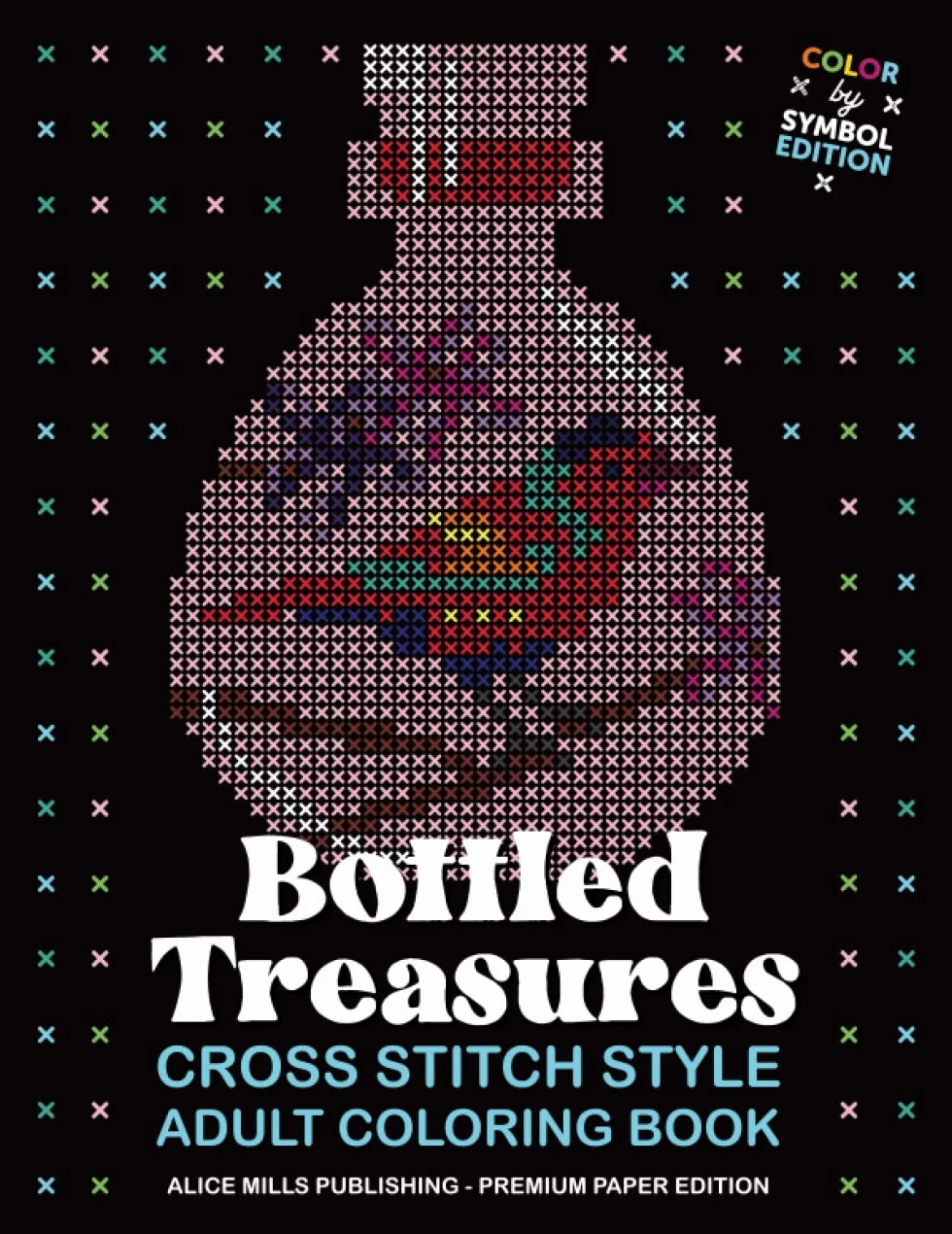Bottled Treasures: Cross Stitch Style Adult Coloring Book - Color by Symbol