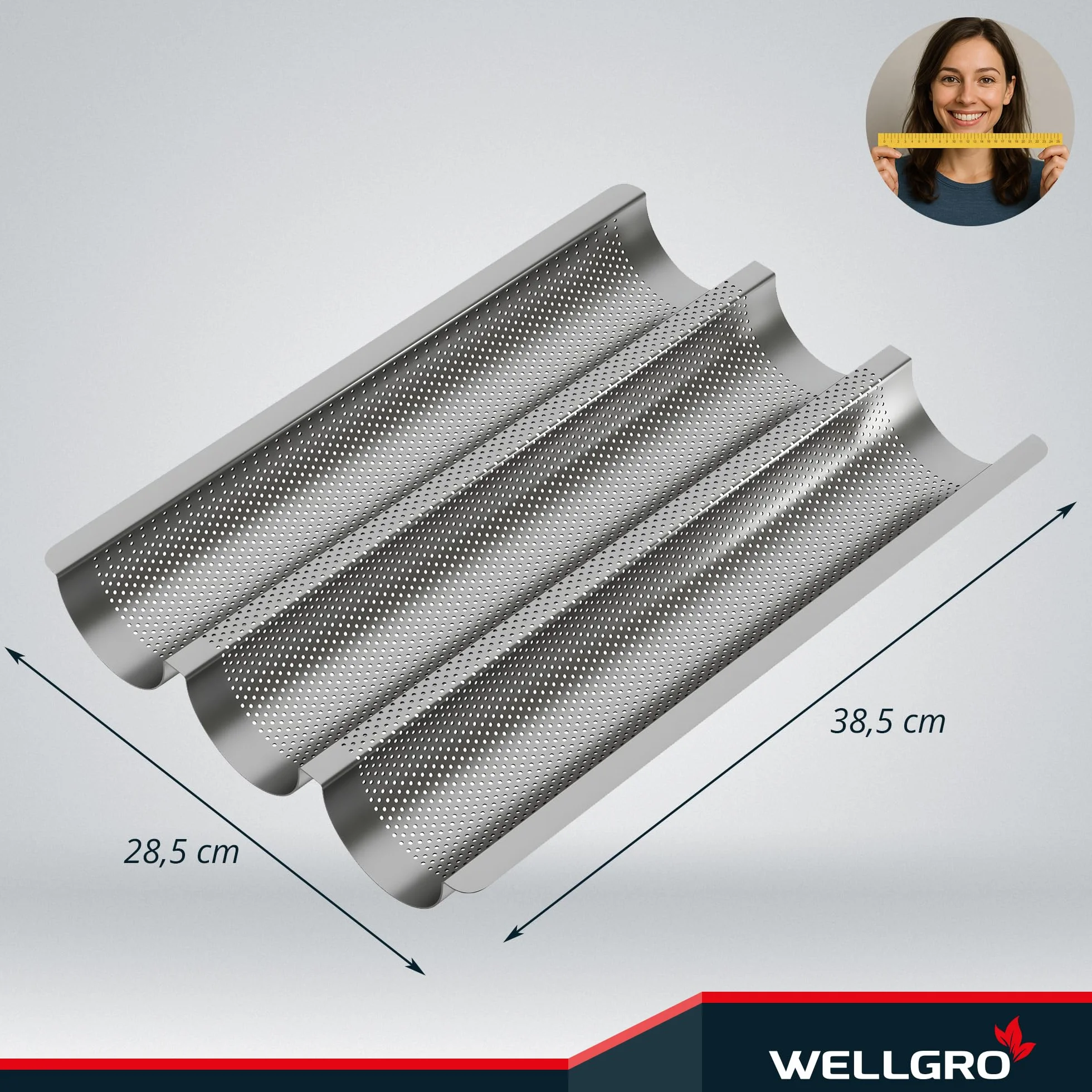 WELLGRO Blacha do bagietek – na maksymalnie 3 bagietki – blacha do bagietek z powłoką zapobiegającą przywieraniu – 38,5 x 28,5 x 4 cm