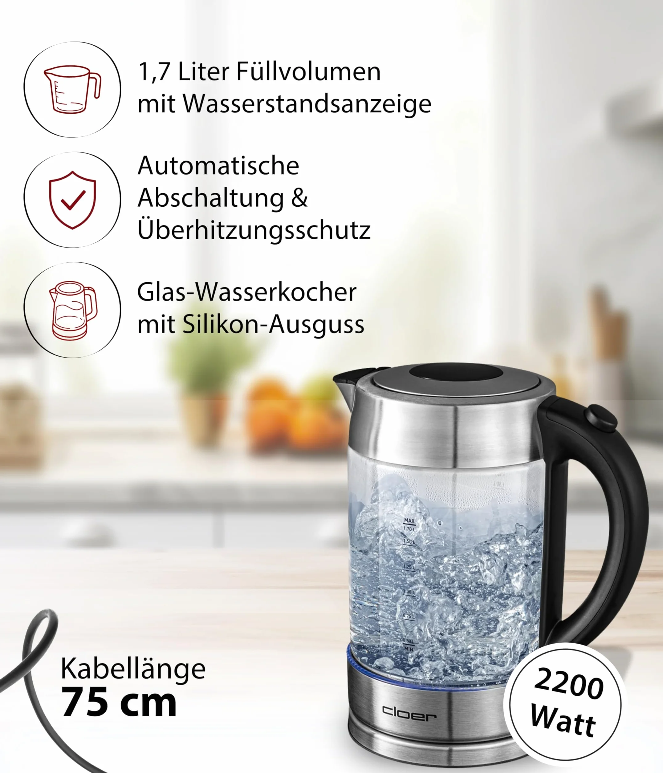 Cloer 4429 Czajnik szklany, 2200 W, podświetlenie LED, pokrywa bezpieczeństwa, ukryty element grzejny, 1,7 l, stal nierdzewna