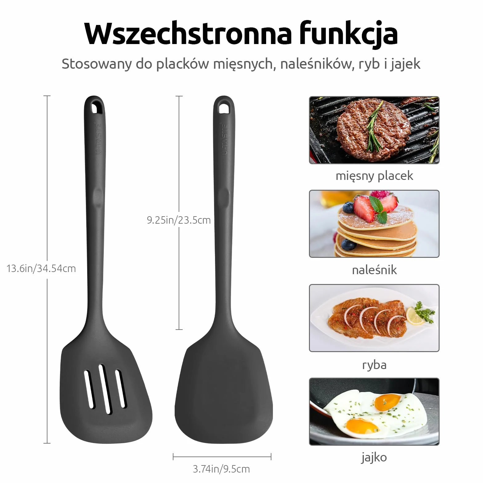 U-Taste Bardzo długa silikonowa szpatułka: odporna na ciepło 315 ℃, solidna i szczelinowa szpatułka kuchenna, łopatka do gotowania do smażenia naleśników rybnych (Czarny, 2 sztuki)