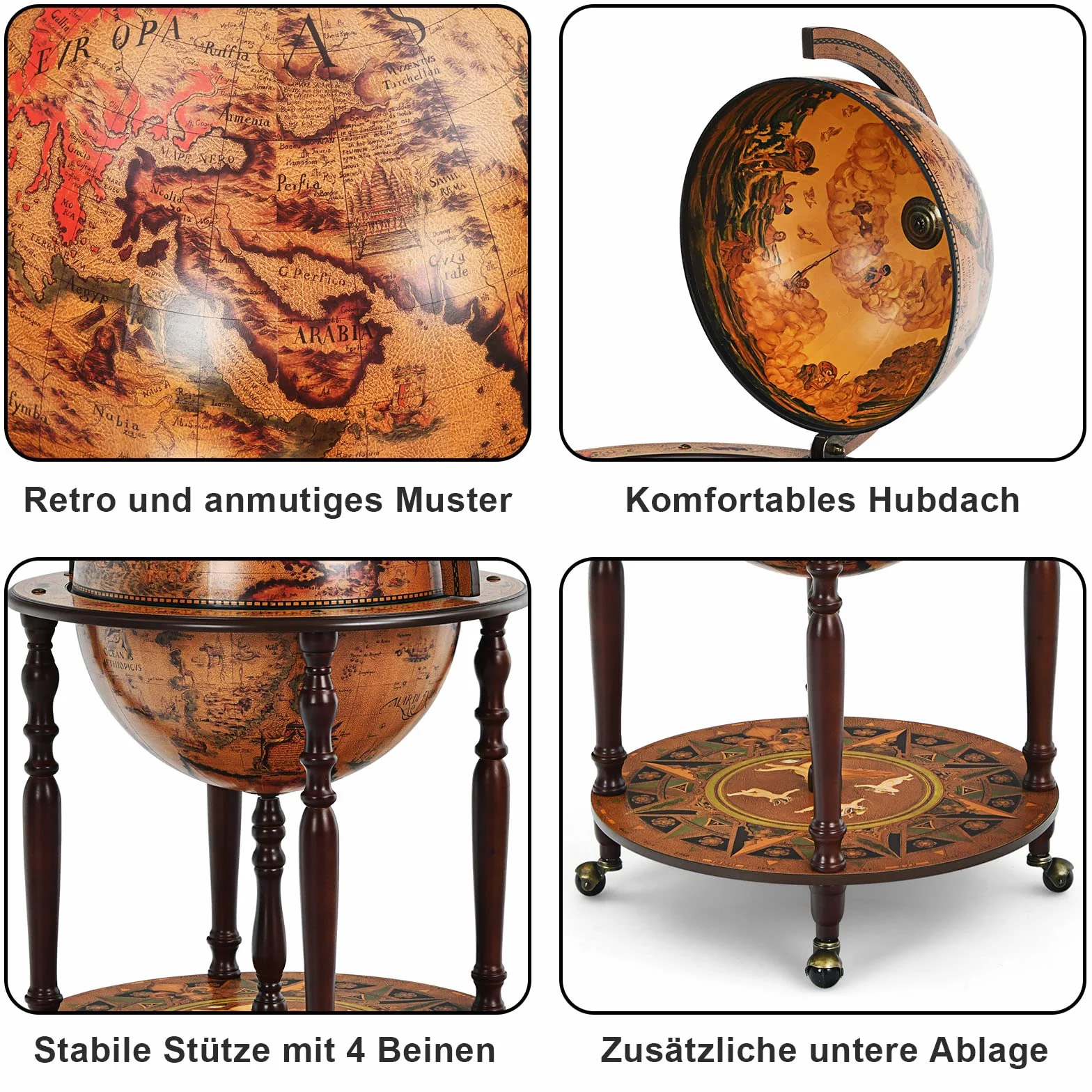 COSTWAY Globusbar szafka barowa, baroczny wózek barowy z rolkami i pokrywą, domowa szafka barowa z globusem,  Globus regał winowy szafka winna na butelki, stół barowy minibar do kuchni, salonu