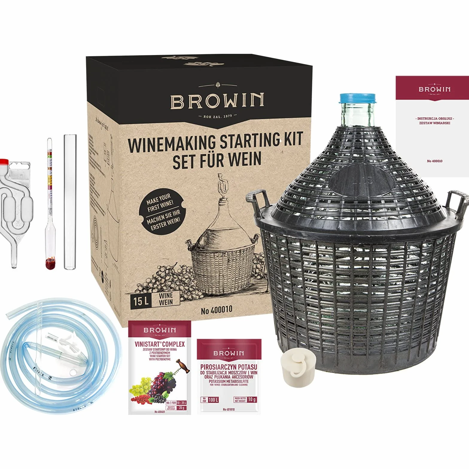 Browin 400010 Zestaw do produkcji wina ze szklanką Demijohn - 15 l