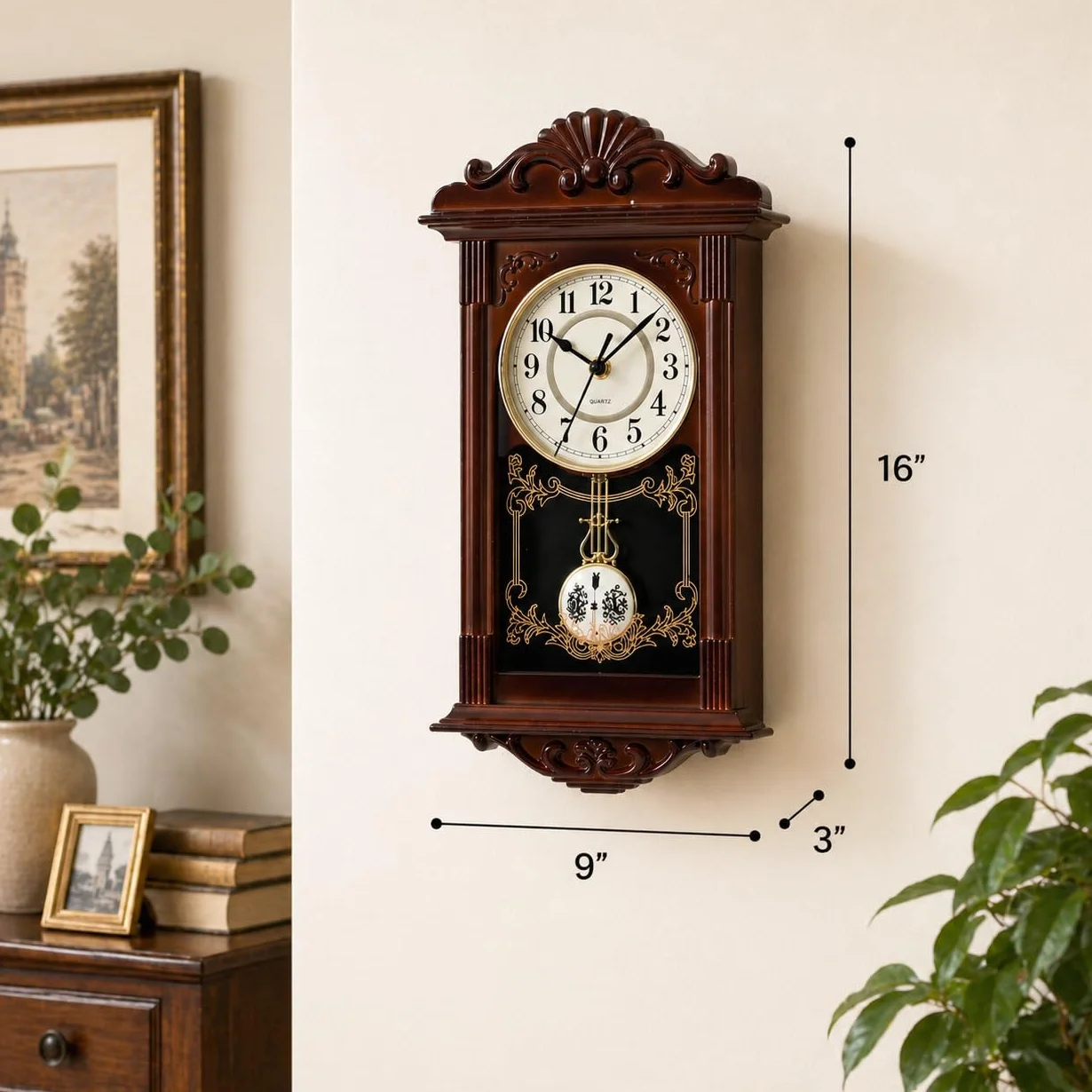 Quickway Imports Vintage dziadek drewno - wyglądający plastikowy zegar ścienny wahadłowy do salonu, kuchni lub jadalni, brązowy