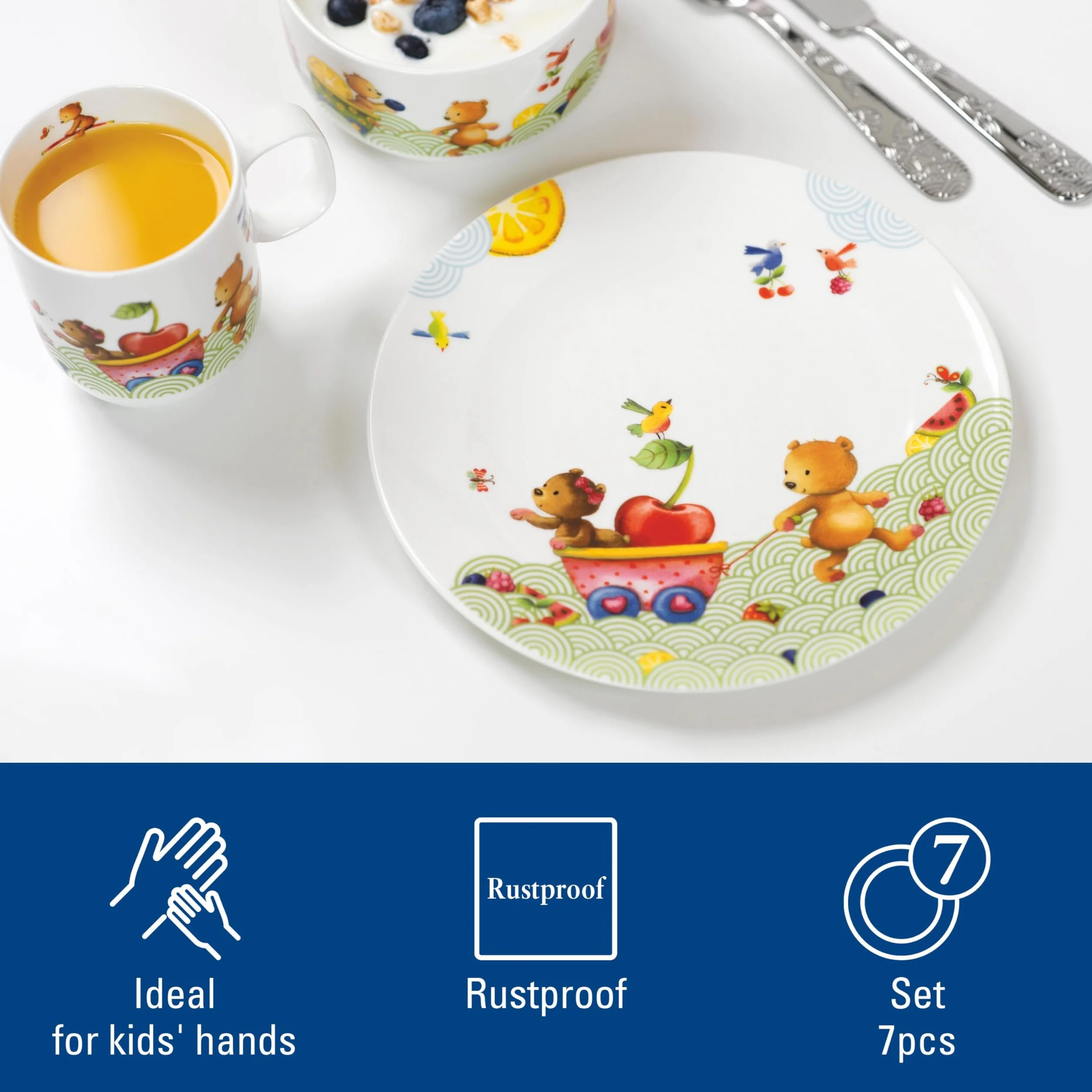 Villeroy & Boch – Hungry as a Bear, 7-cz. zestaw naczyń stołowych dla dzieci ze sztućcami, porcelana Premium, stal nierdzewna 18/10, biały/wielokolorowy