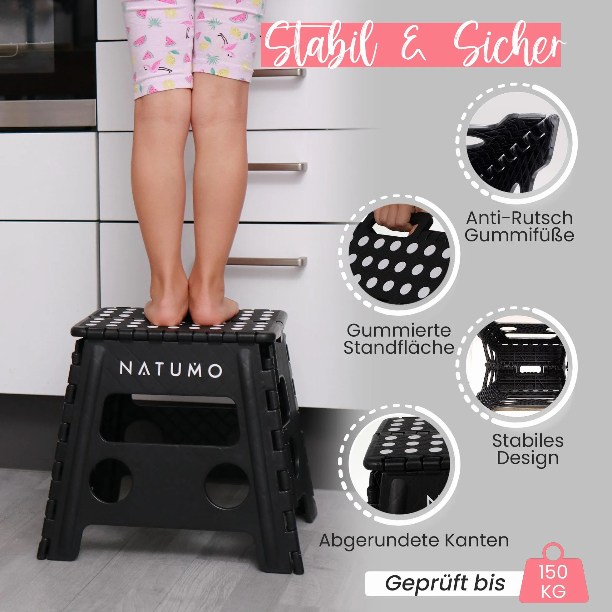 NATUMO® Składany taboret XL dla dzieci + dorosłych, lekki i antypoślizgowy, składany taboret na kemping, do łazienki, kuchni i ogrodu, 33 cm (czarny)