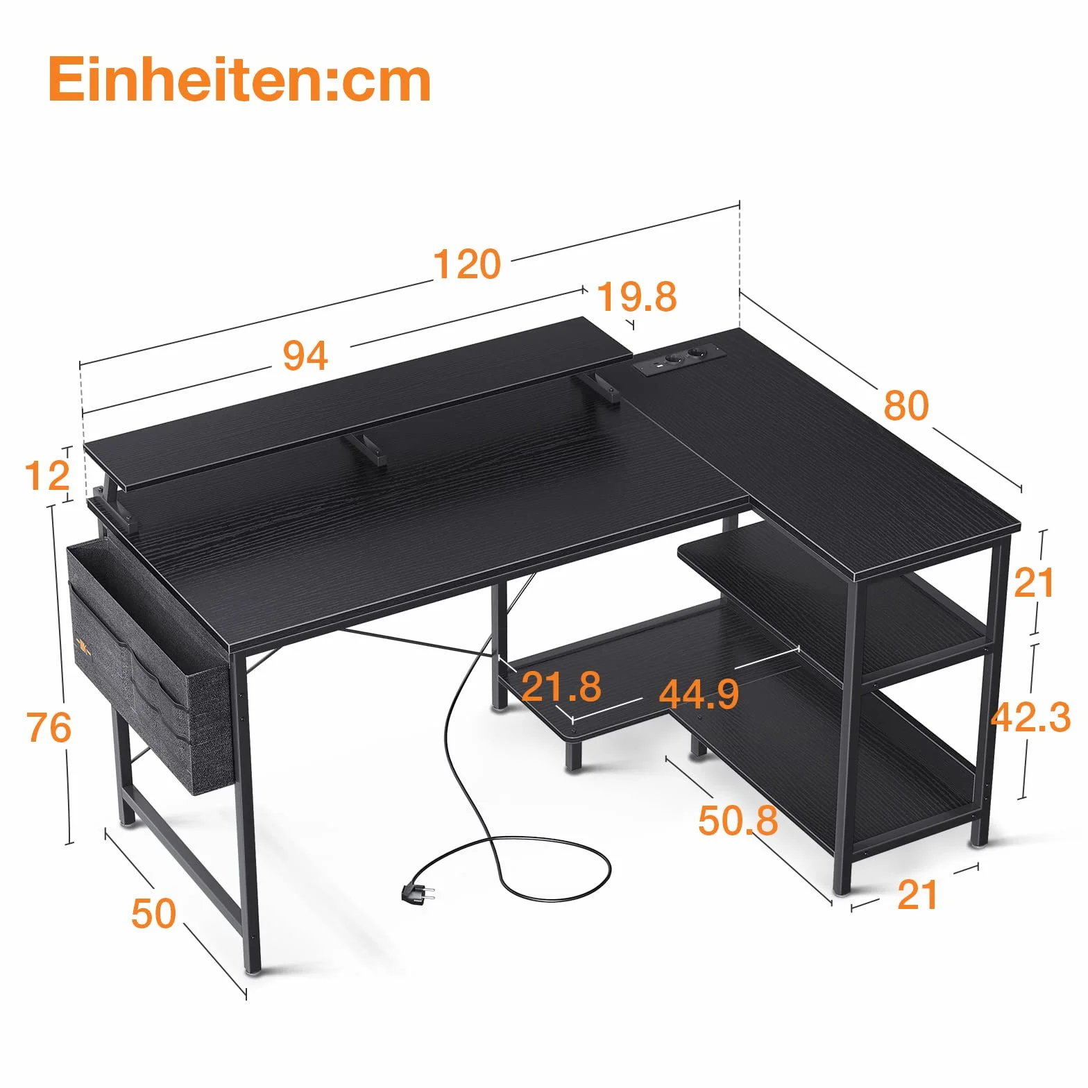 ODK Stolik gamingowy w kształcie litery L, 120 x 80 cm, biurko w kształcie litery L z regałem, dwustronne, z przyłączem ładowania USB i gniazdkiem, stolik narożny ze stojakiem na monitor do biura
