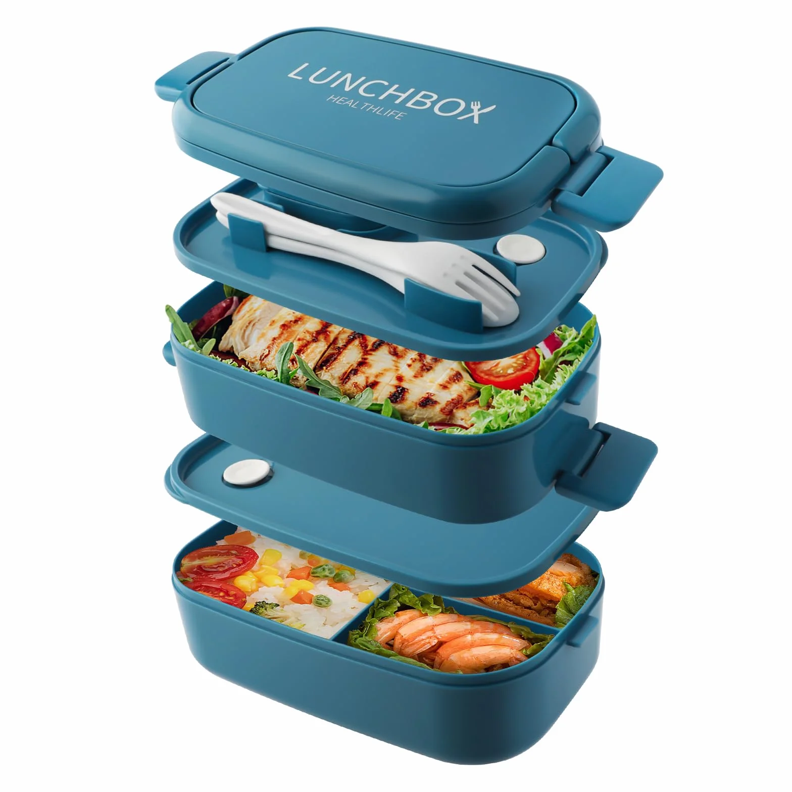 Pojemnik Bento Lunch Box 1400 ml 4 przegródki 2-warstwowy szczelny do mikrofali czysty niebieski