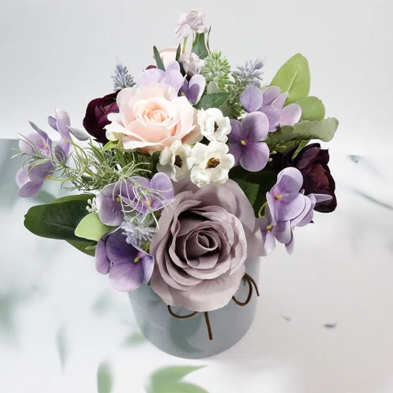 Fioletowy bukiet ślubny panny młodej druhny jedwabna wstążka róże sztuczne kwiaty trzymające panna młoda Mariage akcesoria ślubne dobrodziejstw (Color : Small style bouquet)