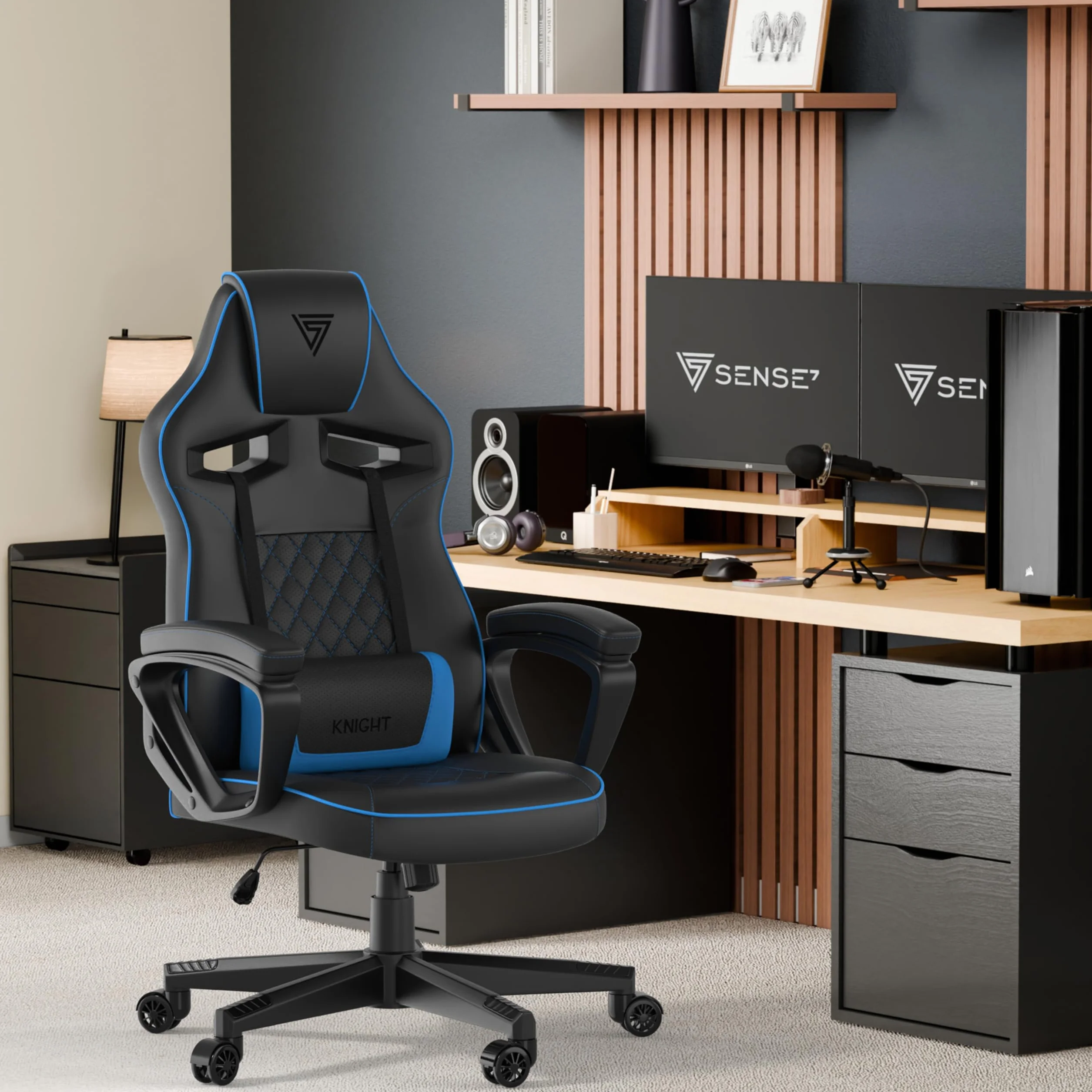 SENSE7 Knight ergonomiczny fotel gamingowy z regulowaną poduszką lędźwiową, skóra PU, do 120 kg, czarno-niebieski