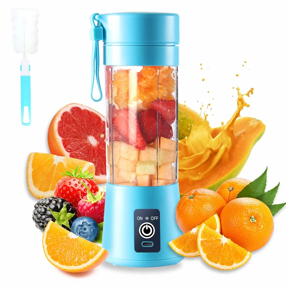 Przenośny blender, osobista wyciskarka do soku, ręczny mikser do owoców o pojemności 380 ml, ładowany przez USB, z 6 ostrzami Power Blender, podróżny, do smoothie i koktajli (niebieski)