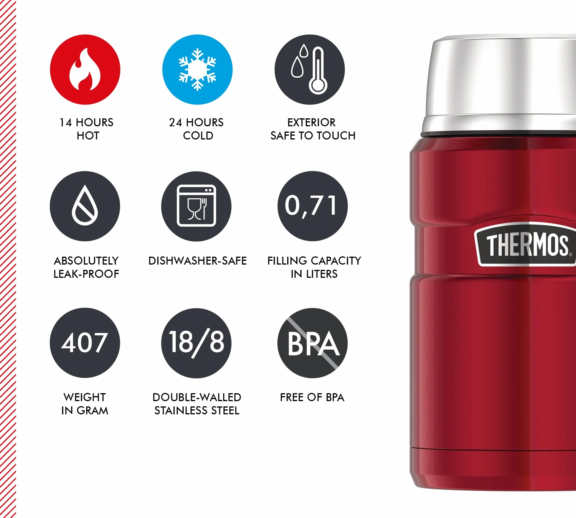 Thermos Stainless King pojemnik termiczny do jedzenia, czerwony, 0,70 l, stal nierdzewna, absolutnie szczelny, utrzymuje temperaturę potraw przez 14 h i zimno przez 24 h, nie zawiera BPA
