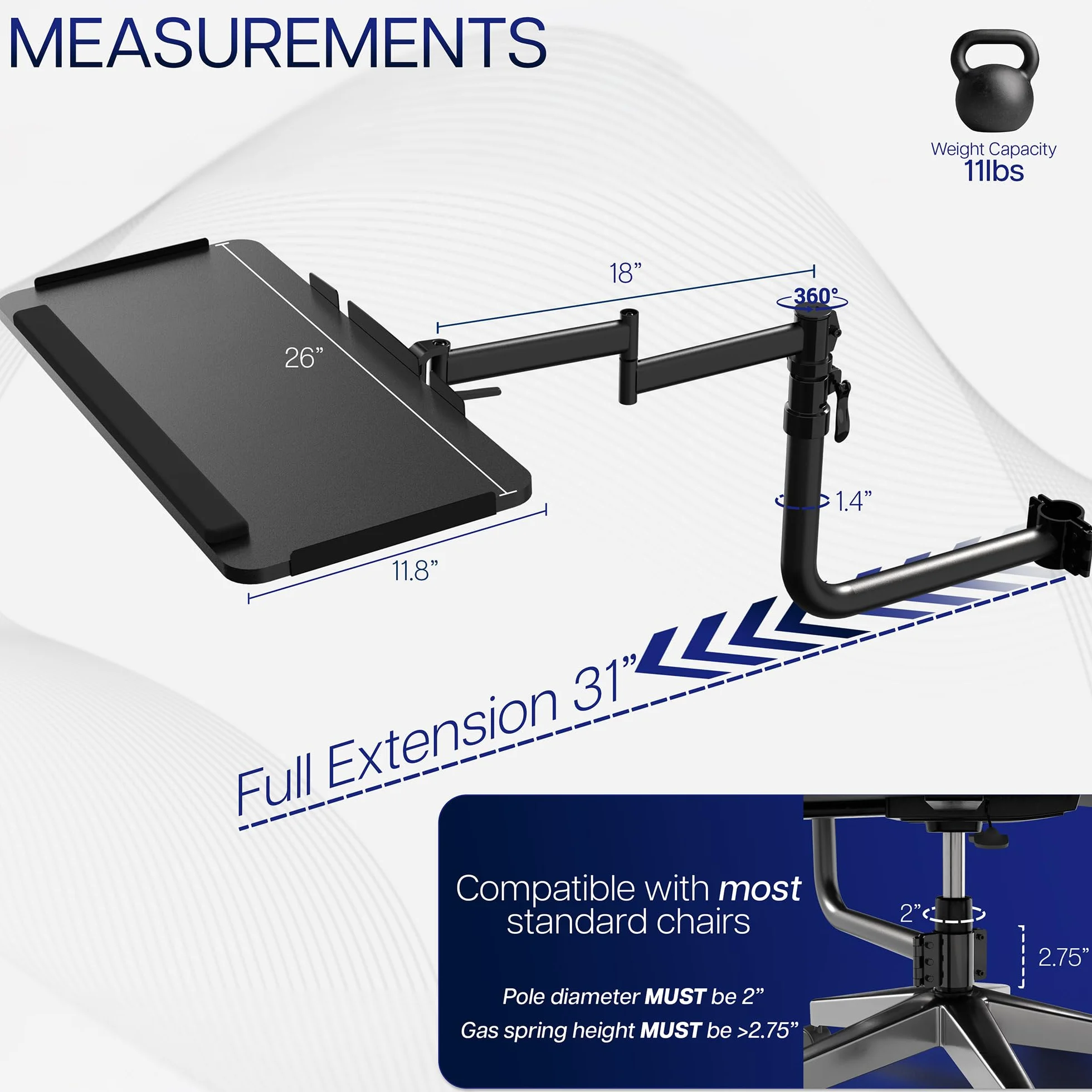 VIVO Krzesło biurowe montowane 26 x 12 cali Keyboard and Mouse Tray, Ergonomic Tilt, Full Motion 360 stopni, czarna, MOUNT-KB18CP