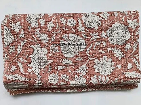 Indyjski blok na rękę, kwiatowy nadruk, ręcznie robiona bawełna Kantha, pikowanie, boho, narzuta, koc, hipisowska królowa, rozmiar king size, boho, blok Kantha, kołdra, 152 x 228 cm