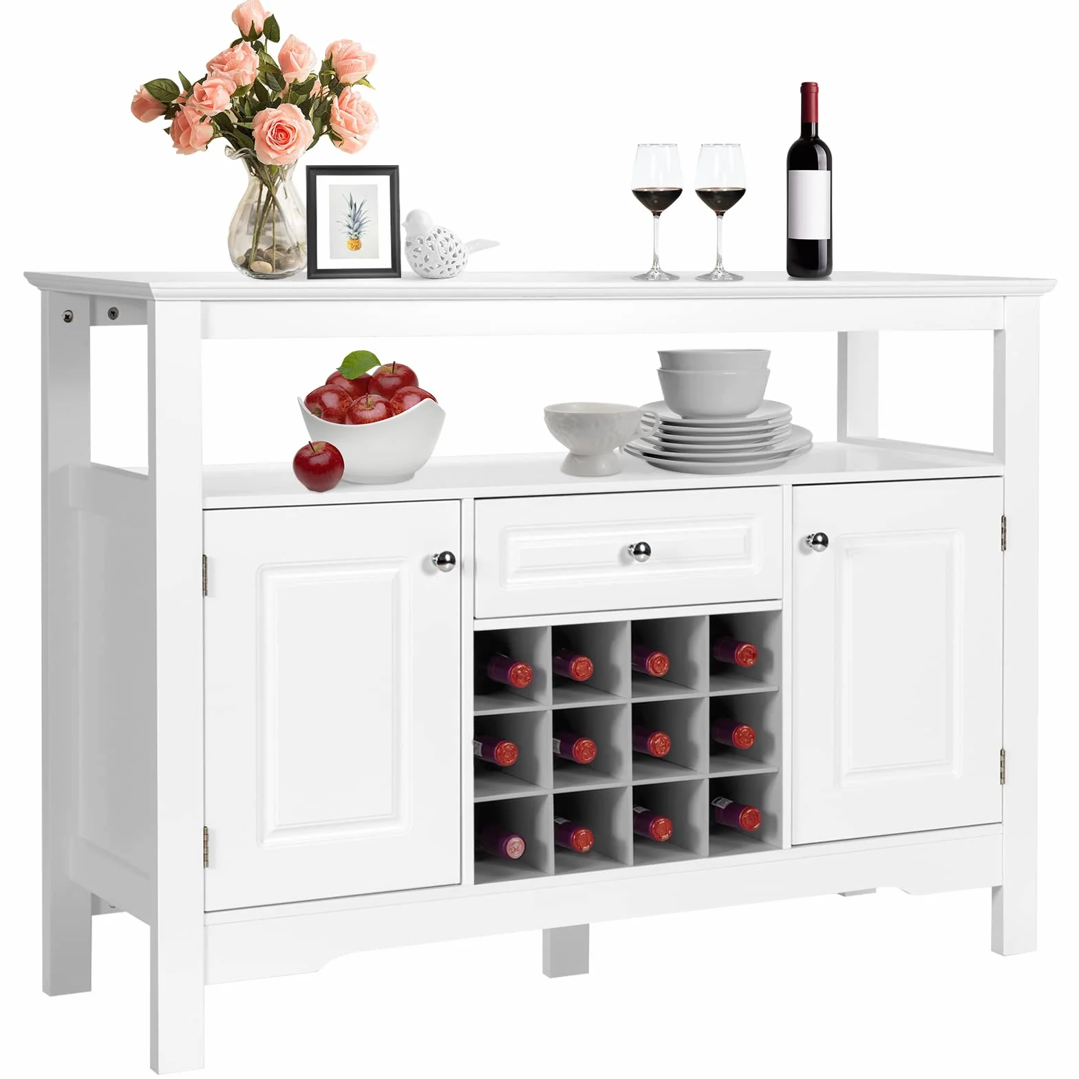 GOPLUS Kredens z Regałem na Wino Szafka Kuchenna 117x40,5x85,5 cm Biały