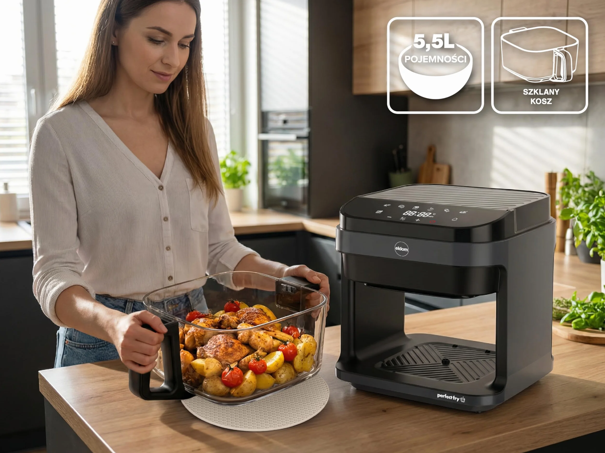 Frytownica Beztłuszczowa 5,5L Air Fryer 1200W, Szklany Kosz, 8 Programów, LED, Regulacja Temperatury 40–200°C, Rozmrażanie, FR500 Eldom