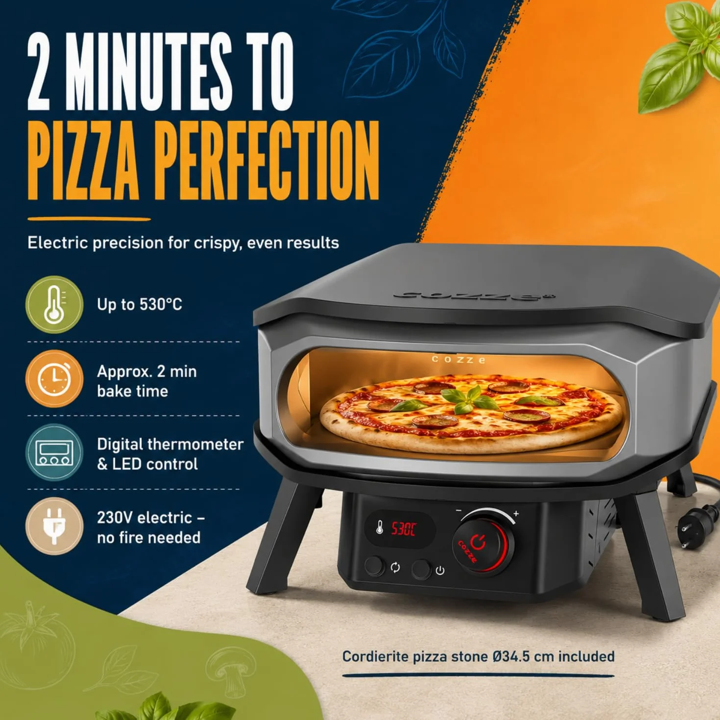 Cozze® Piec do pizzy elektryczny 13” PREMIUM ROTATE 230V 2200W + drzwi, obrotowy kamień kordierytowy 34,5 cm, panel cyfrowy LED, pizza do Ø34 cm