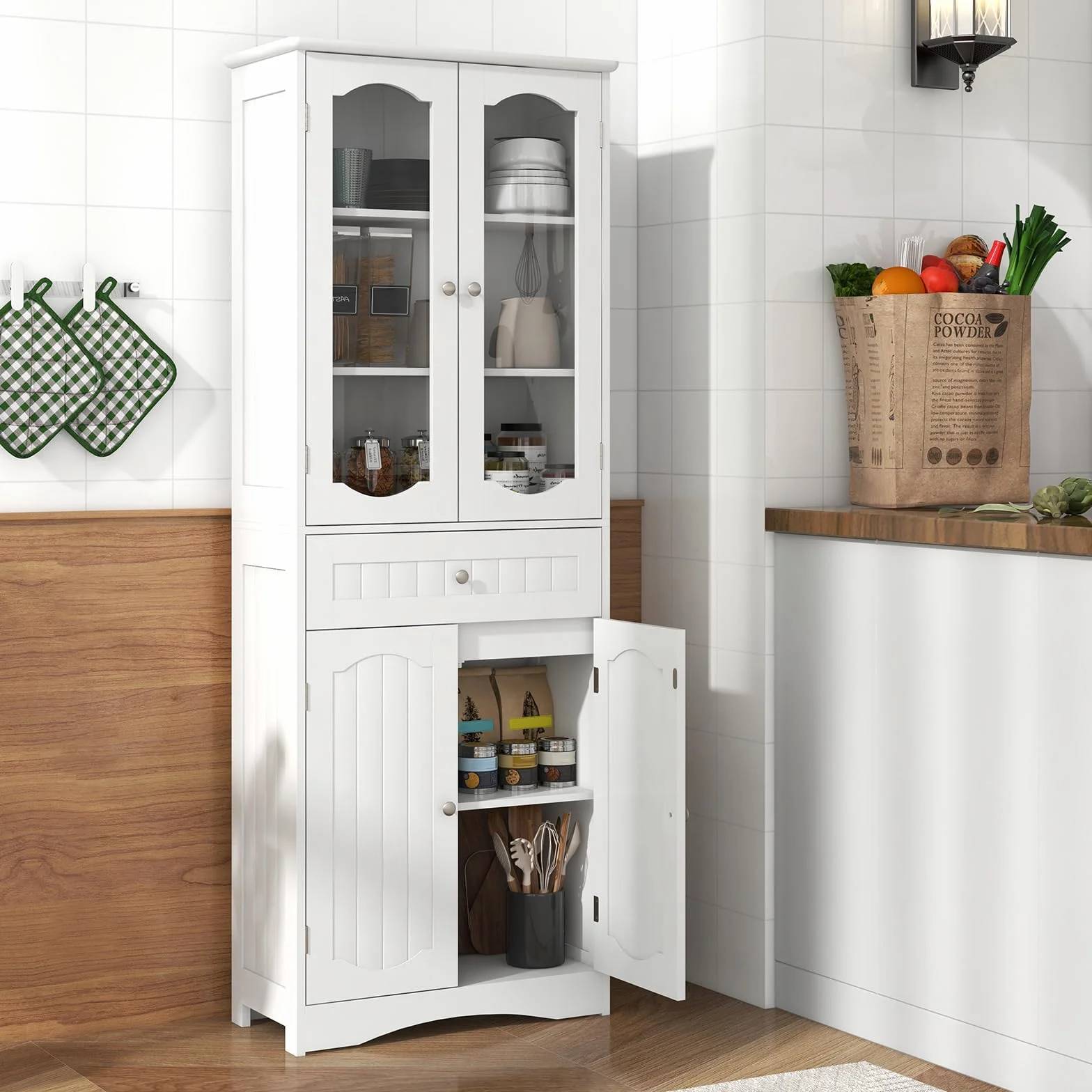 COSTWAY Szafka łazienkowa, wysoka szafka łazienkowa z 4 drzwiami, szufladą i regulowaną półką, szafka do przechowywania do salonu, łazienki, kuchni, 60 x 30 x 160 cm (biała)