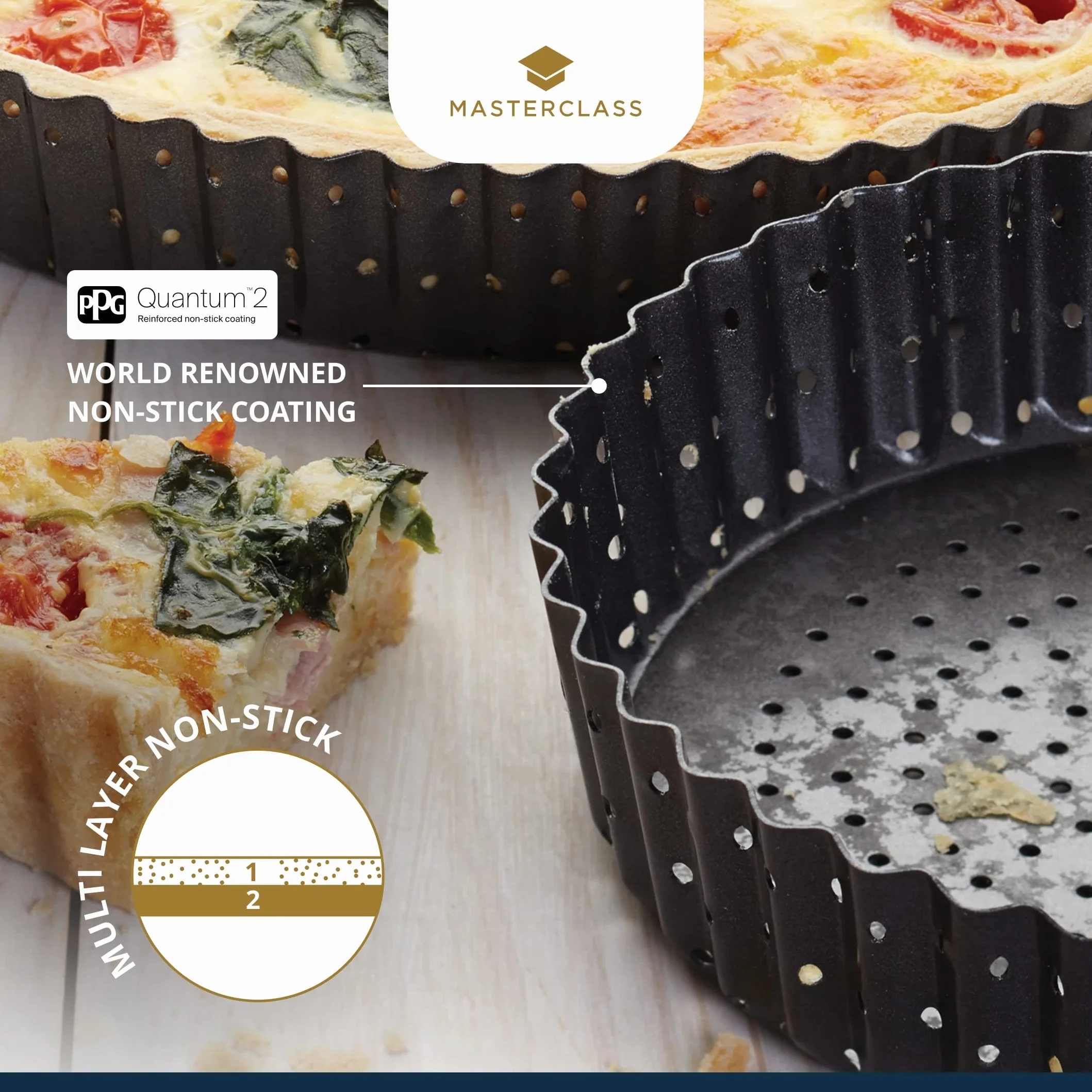 MasterClass Crusty Bake 20 cm perforowana forma do quiche z powłoką nieprzywierającą bez PTFE, PFOA i BPA, solidne dno o grubości 1 mm ze stali węglowej, karbowana, szara
