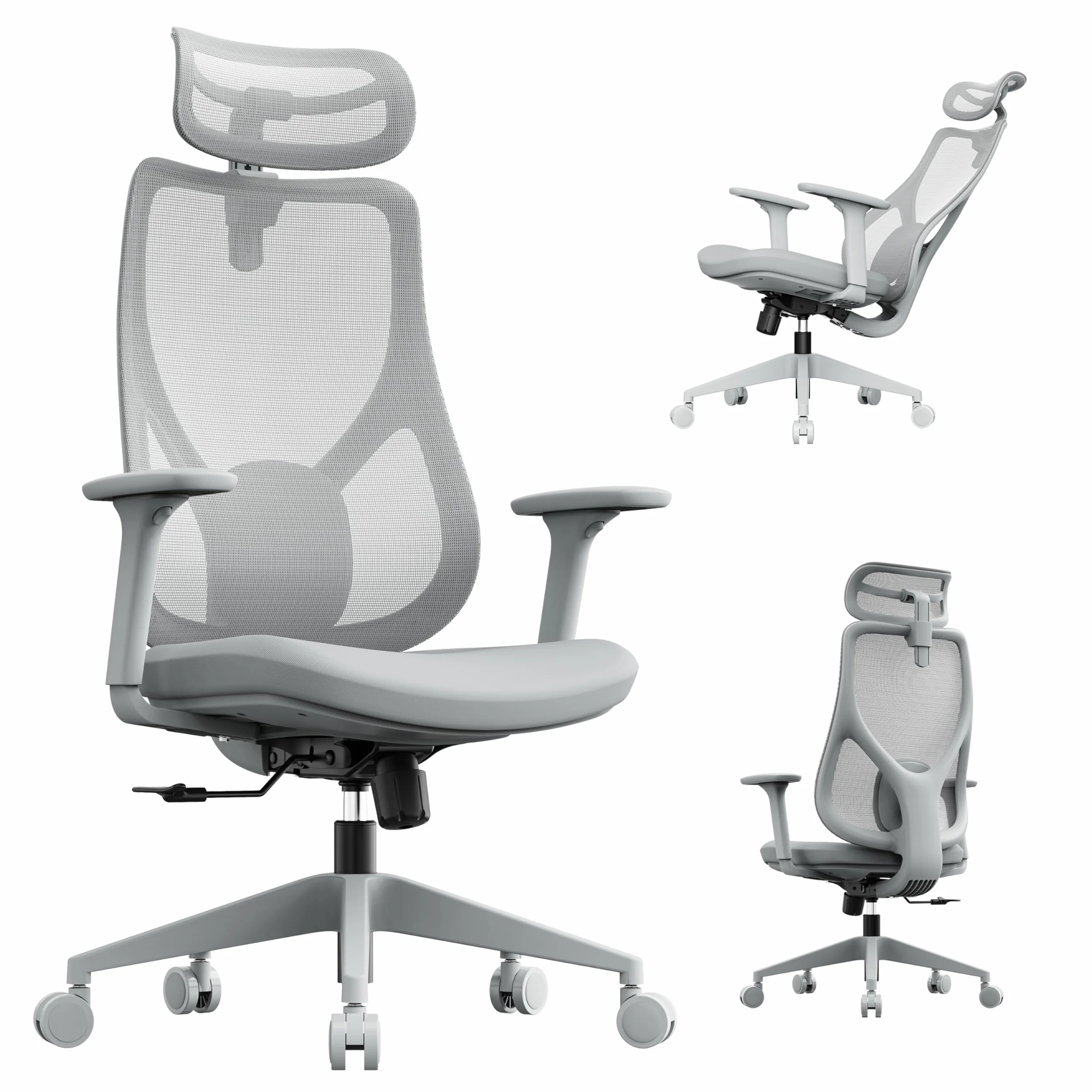 SENSE7 Fotel Biurowy Gamingowy Ergonomiczny Krzesło Obrotowe Biurowe Regulowany dla Home Office Graczy do 150kg Oddychająca Tkanina Regulowany Zagłówek z Podparciem Podłokietnikami 3D - MOYO Szary
