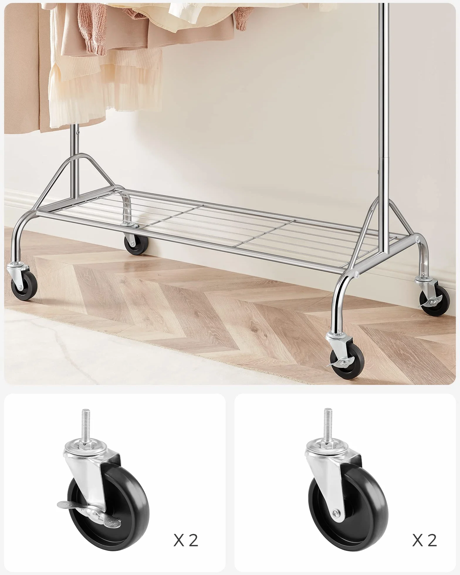 SONGMICS Wieszak na ubrania z metalu, do dużych obciążeń, z półką na buty, na kółkach, obciążenie do 50 kg, długość 110,5 – 150,5 cm, chromowany, HSR02S