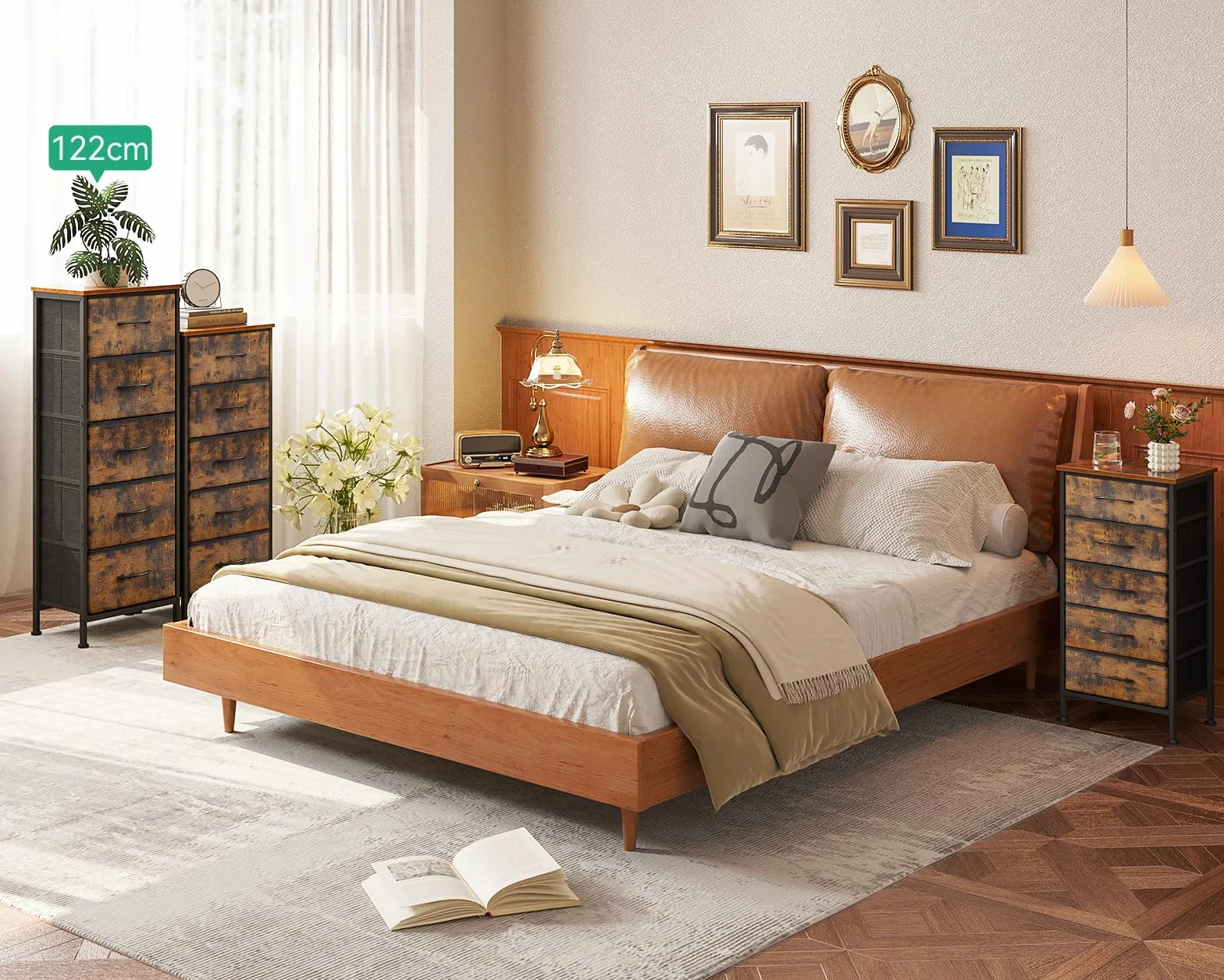Coleshome Wąska komoda z 5 szufladami, stalowa rama, płyta drewniana, vintage