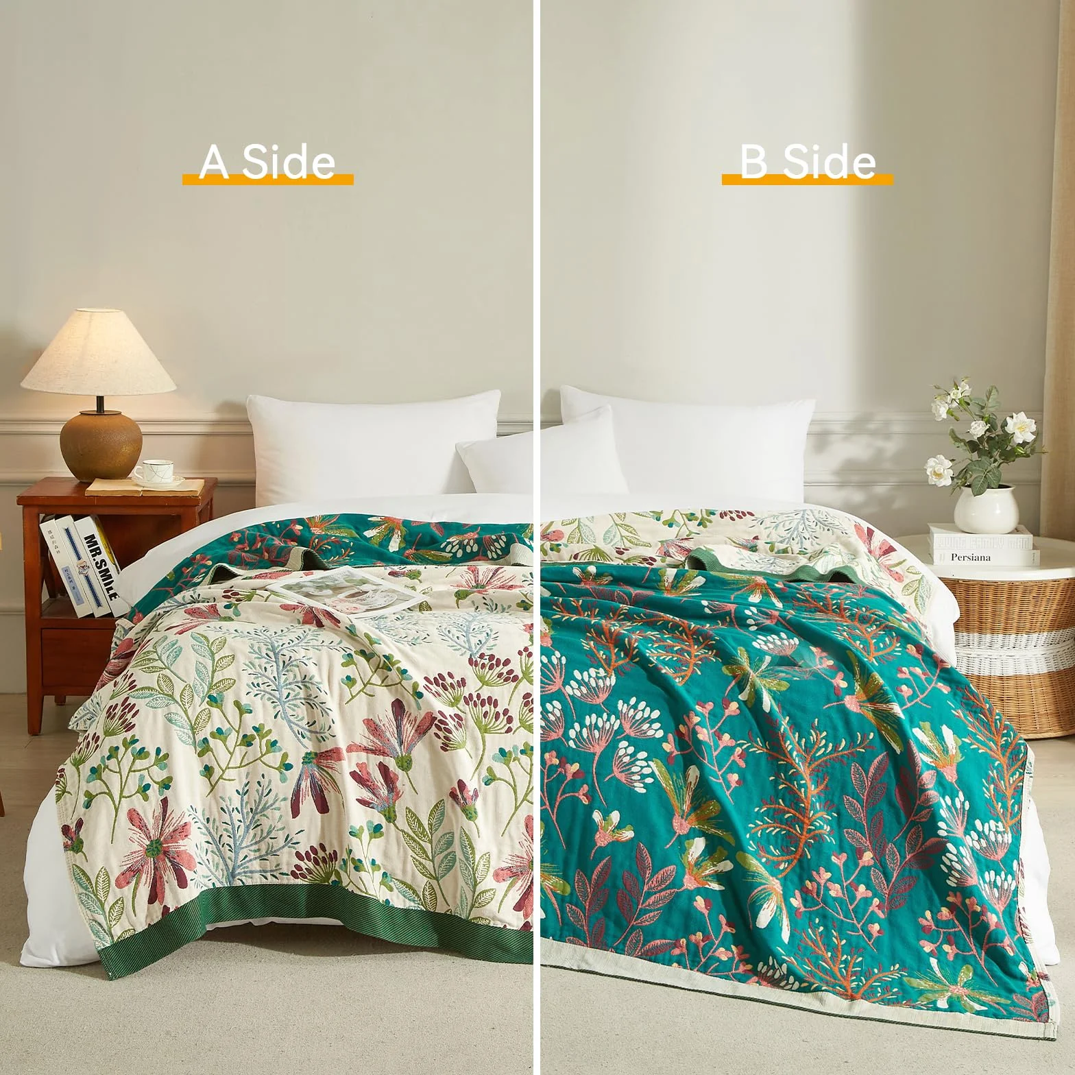 Bailix koc boho 100% bawełna 230 x 250 cm muślin frędzle dwustronny patchwork Zielony Beżowy