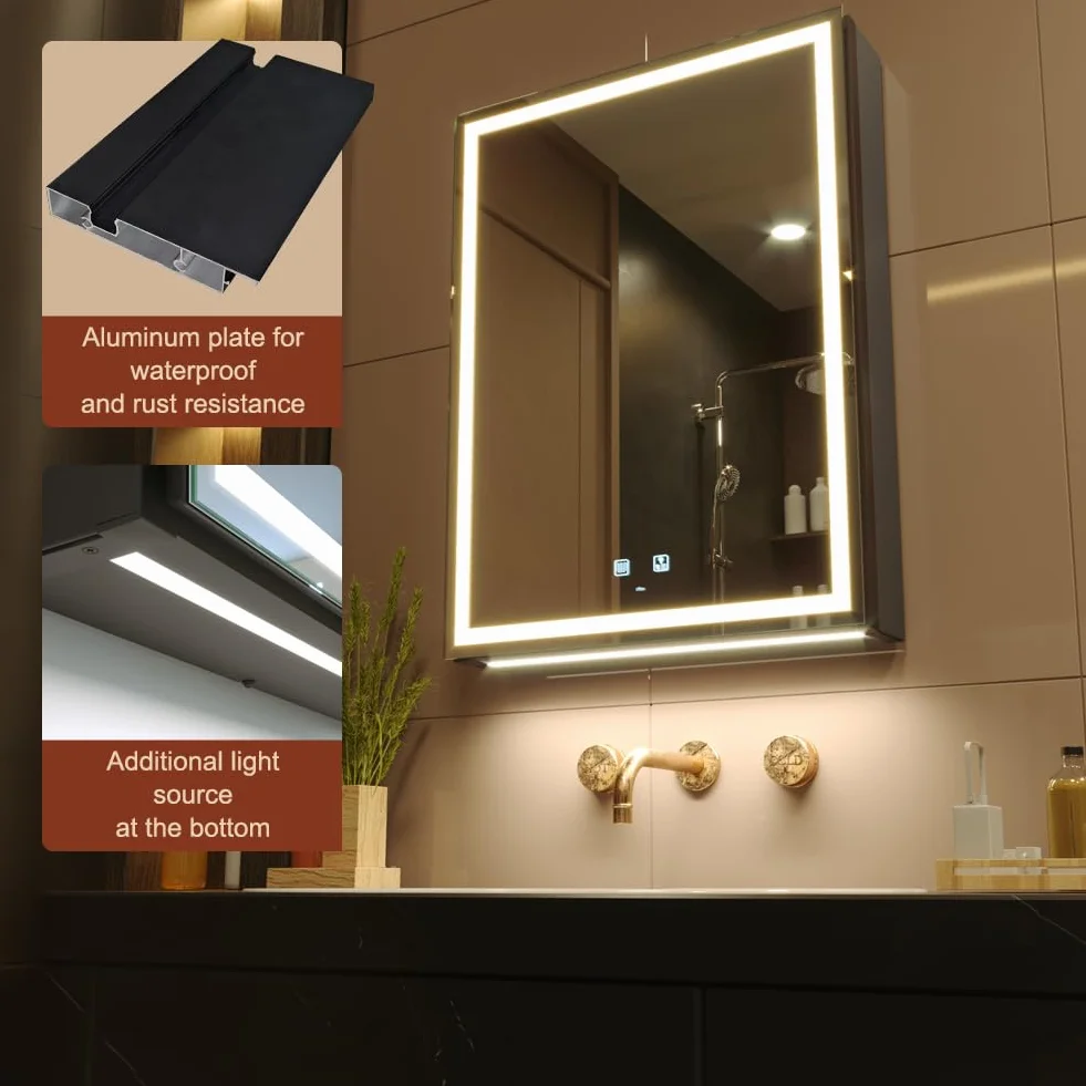 KWW 50 x 70 cm podświetlana szafka łazienkowa na lekarstwa z lustrem LED, odmgławiaczem, ściemniaczem, 3-kolorowe światło, lusterko do makijażu, łatwa instalacja, montowana na ścianie, szafka na leki