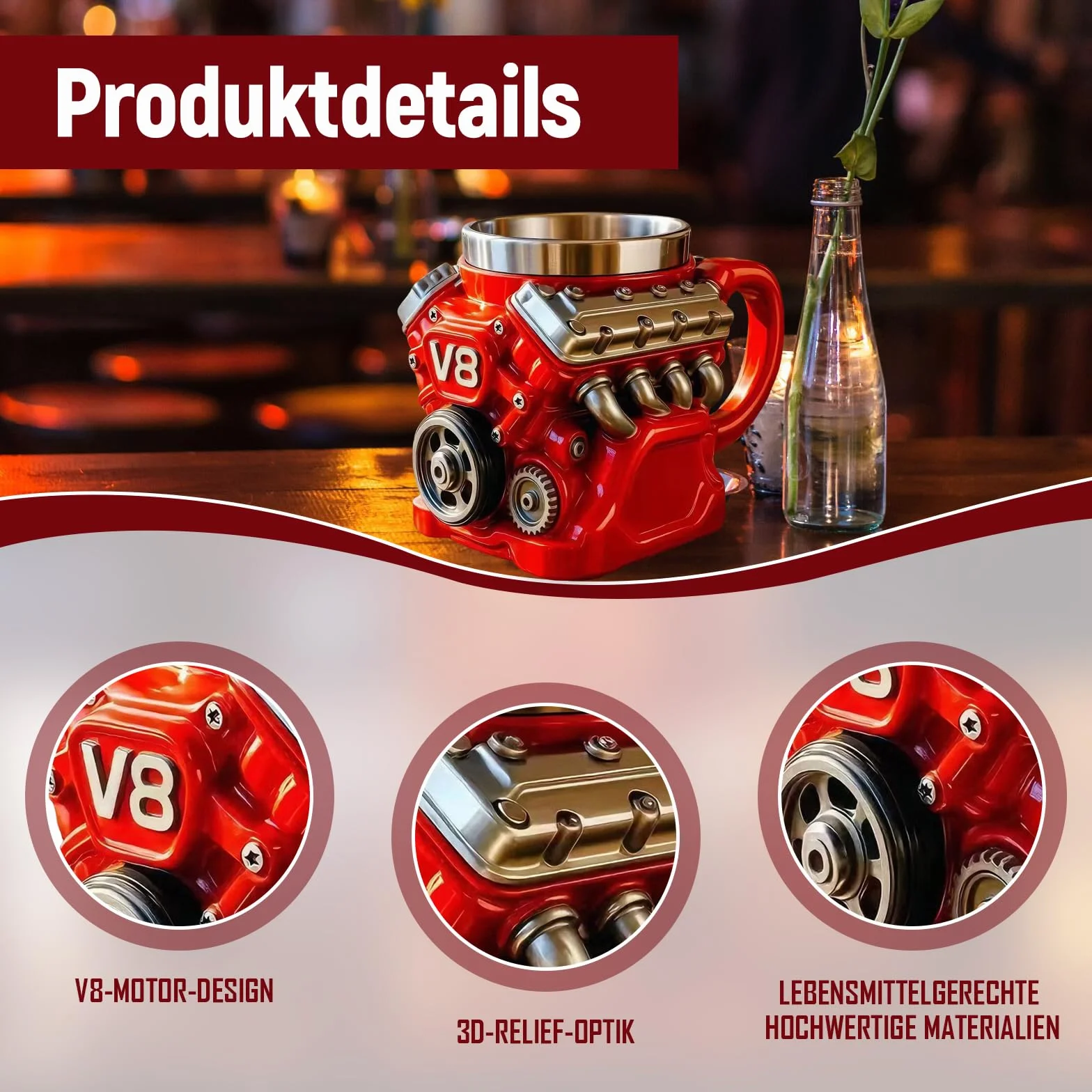 V8 Kubek do kawy z silnikiem V8 ze stali nierdzewnej, podwójne ścianki, izolowany, szczegółowy design, idealny prezent dla mężczyzn i taty