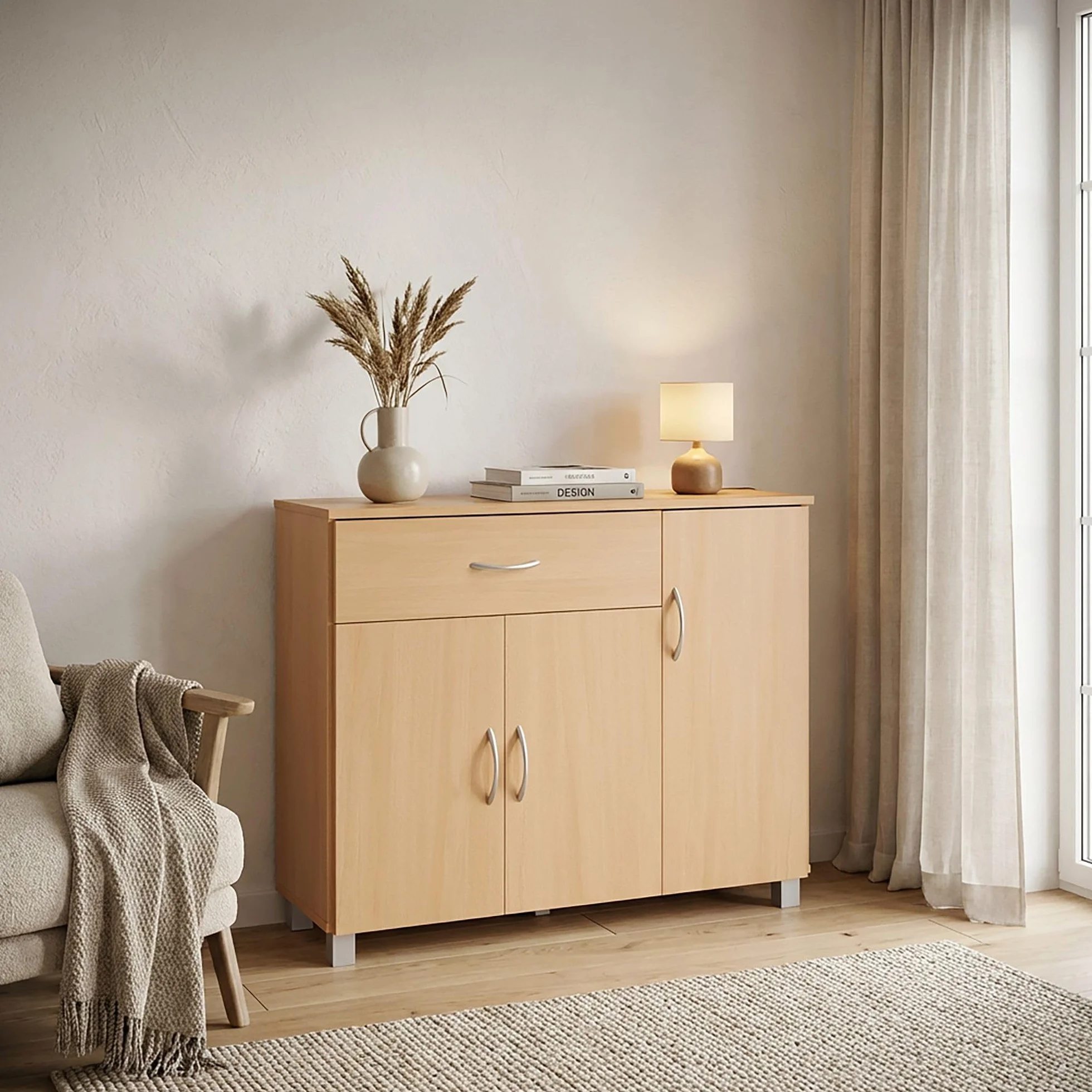 WOHNLING buk JARRY komoda z 1 szufladą i 3 drzwiami 90 x 75 x 30 cm