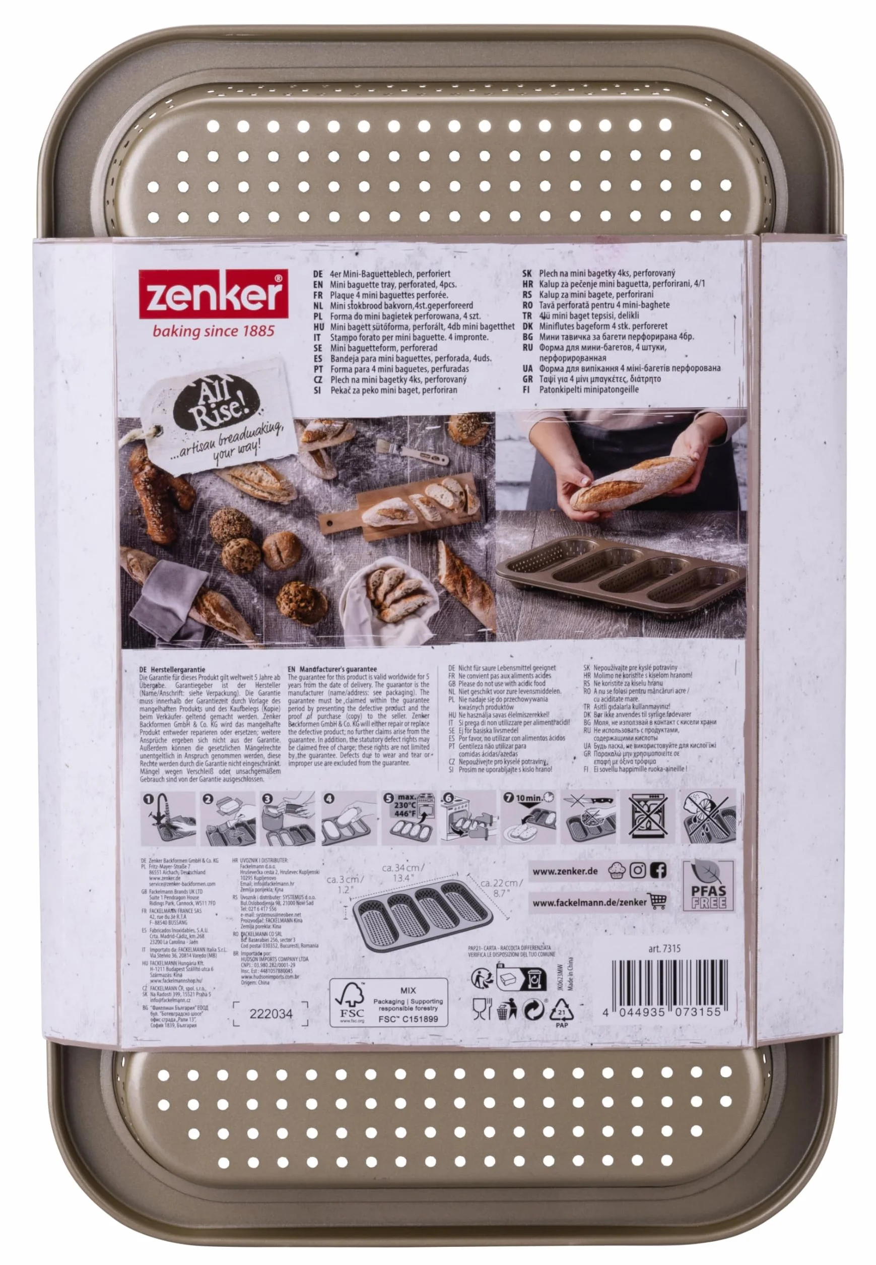 Zenker 4-częściowa blacha do bagietek mini – perforowana forma do pieczenia chrupiących bagietek – powłoka zapobiegająca przywieraniu – odporna na temperaturę do +230°C, 34 x 22 x 3 cm