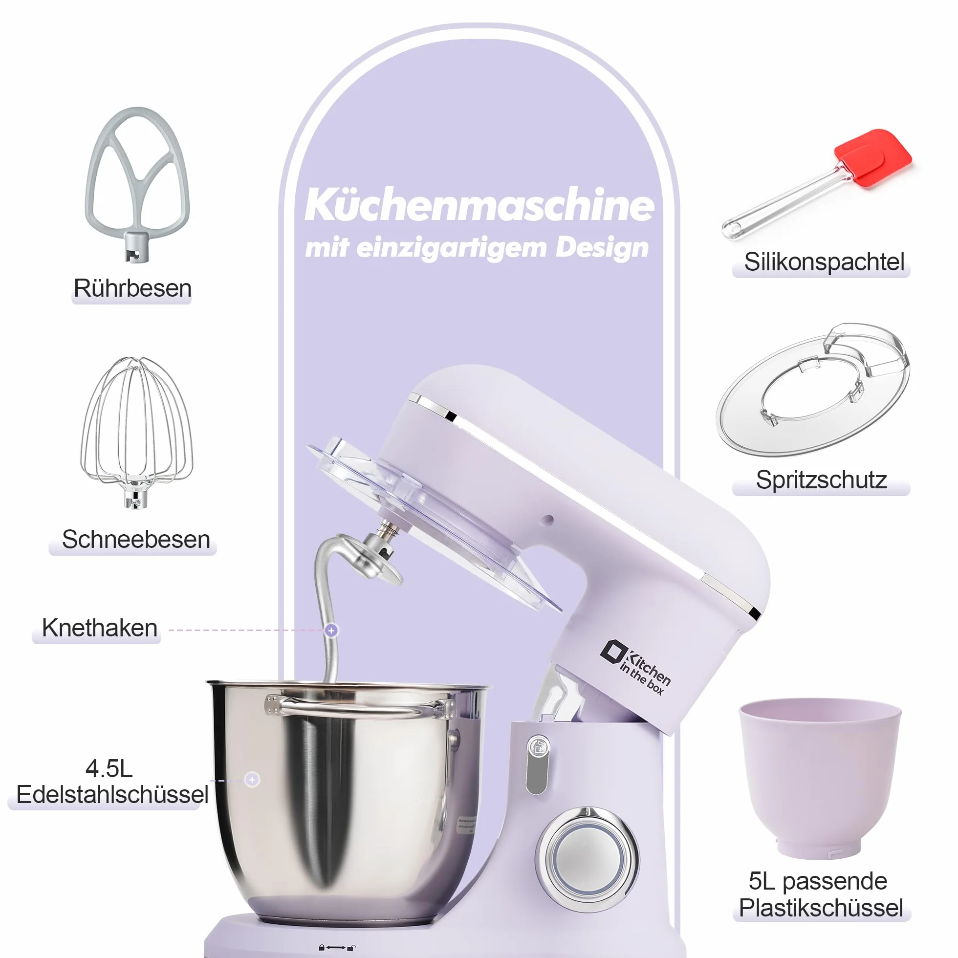 Kitchen in the box robot kuchenny, 4,5 L i 5 L maszyna do ugniatania ciasta, mikser ciasta z 10+P prędkościami z hakiem do zagniatania, mieszadłem i trzepaczką, 1300 W, fioletowy